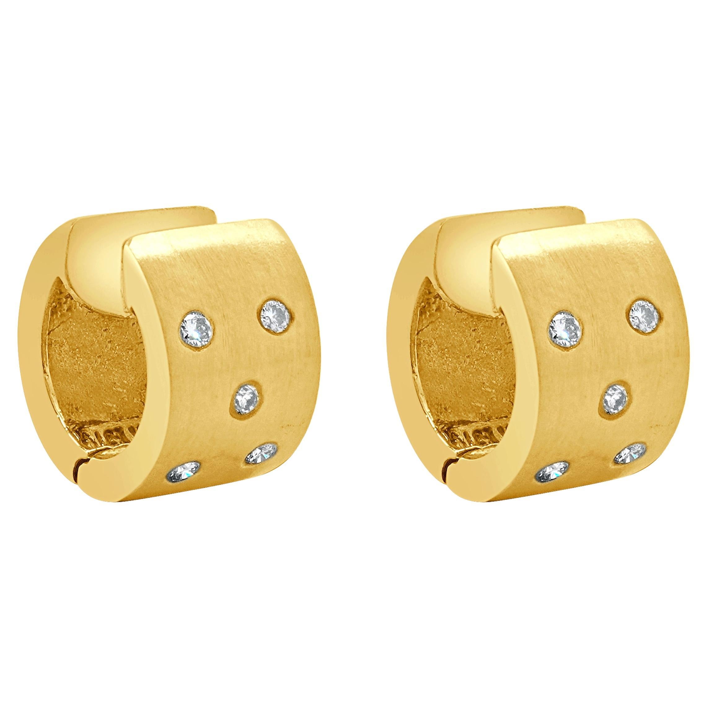 14 Karat Yellow Gold Sprinkled Diamond Huggie Hoop Earrings For Sale