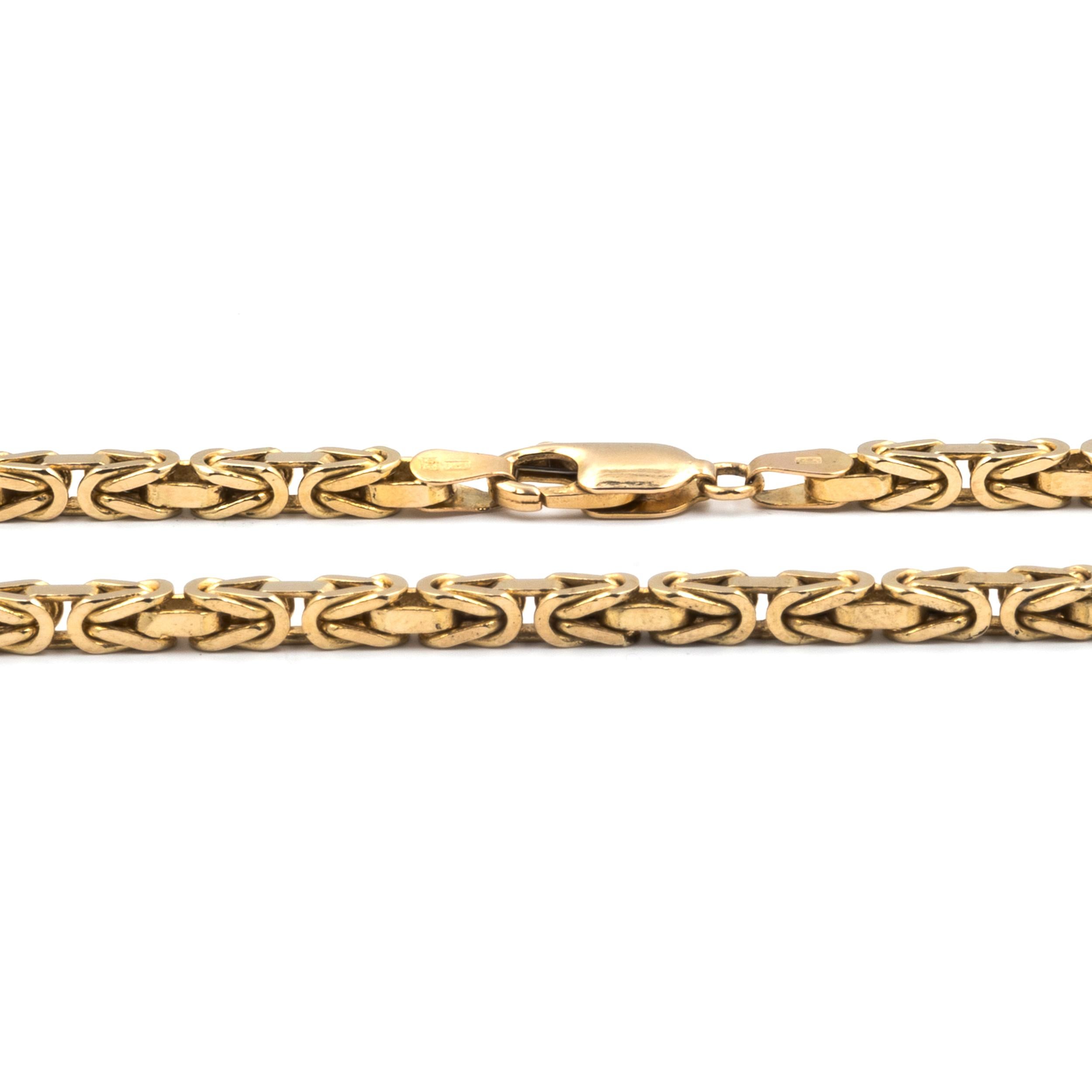 Designer: custom
Material: 14K yellow gold
Weight: 37.61 grams
Measurement: necklace measures 18.5-inches long, 3.4mm wide
