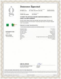 Orecchini in oro giallo 14 carati con smeraldo quadrato cabochon da 0,75 carati e 0,20 pollici