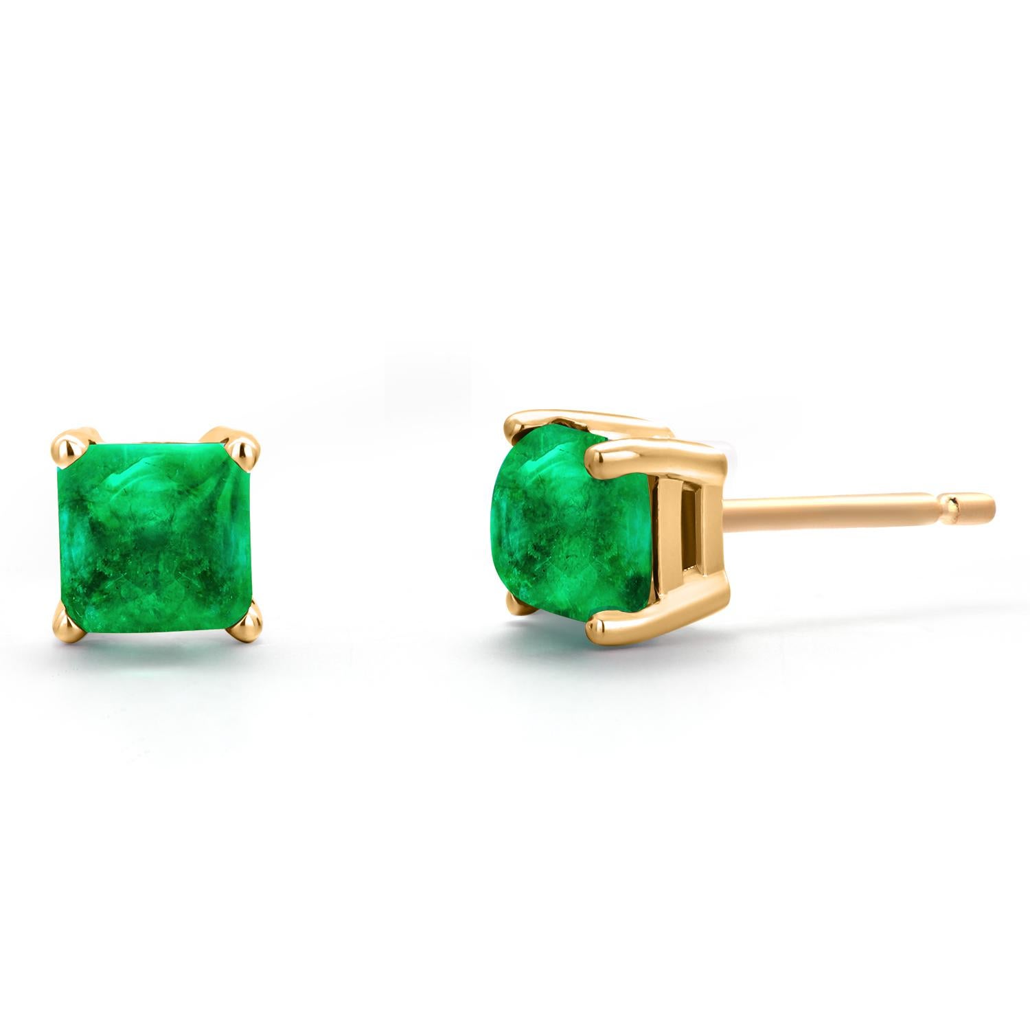 Boucles d'oreilles en or jaune 14 carats Emeraude Cabochon Carré 0.75 Carat 0.20 Inch en vente 4