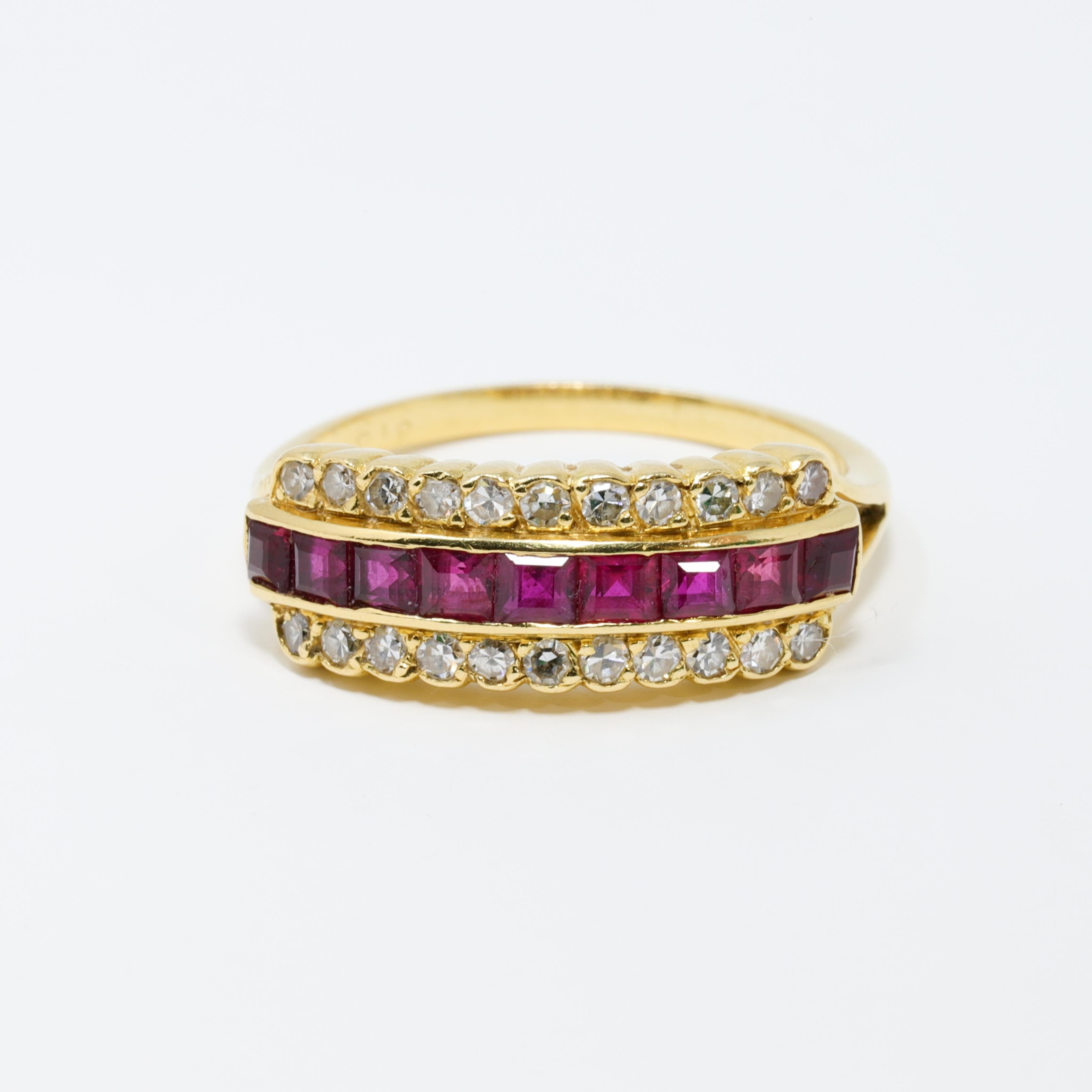 A classy ring with a brilliant sparkle. Features 9 square-cut, open back genuine rubies (.05 ct each) set between two rows of eleven 1.3mm round diamonds. All set on 14K gold band.

US Size 6
Hallmarks: 819