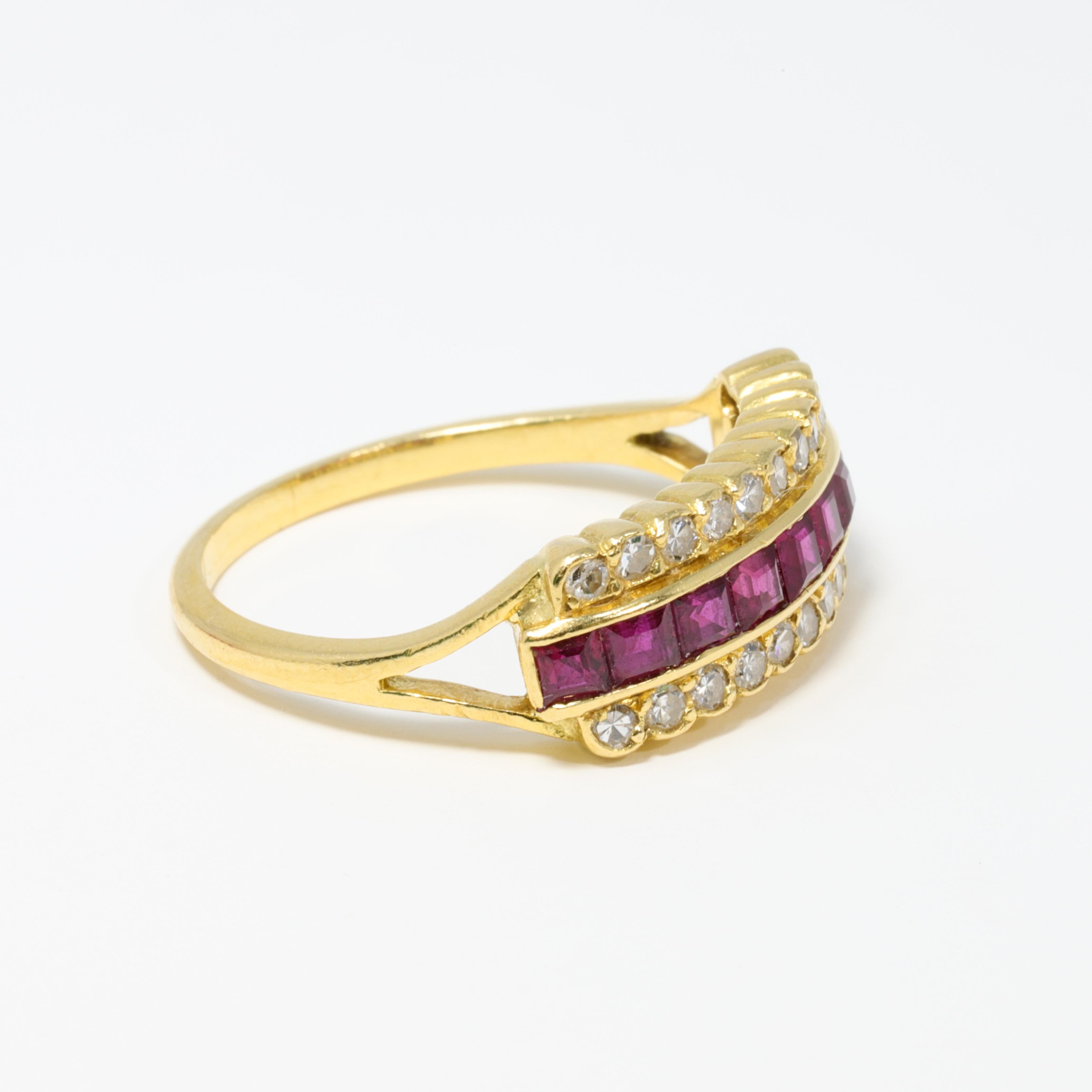 Mixed Cut 14 Karat Yellow Gold Square Cut .45 Carat Ruby and Round Diamond Fashion Ring For Sale