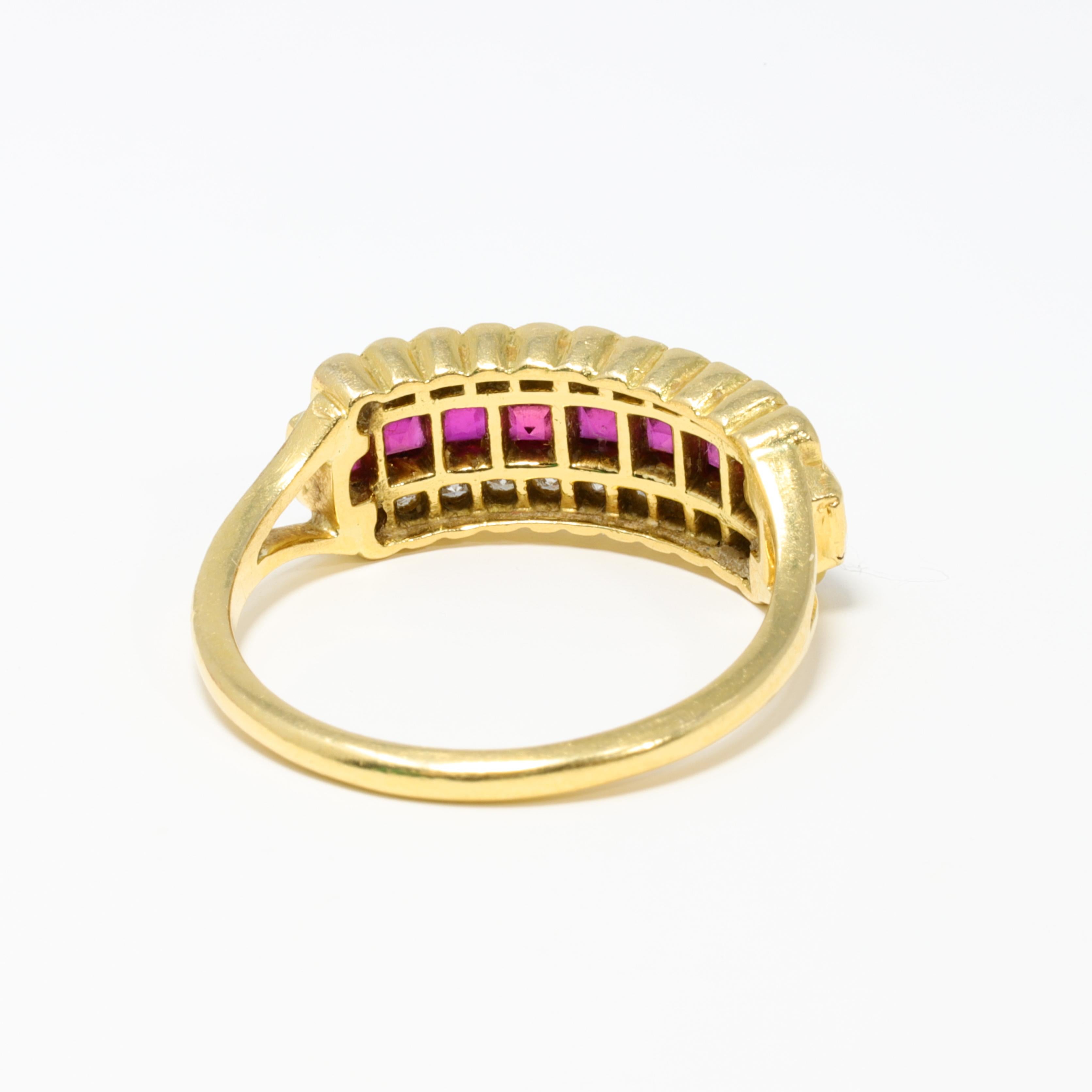14 Karat Yellow Gold Square Cut .45 Carat Ruby and Round Diamond Fashion Ring In Good Condition For Sale In Milford, DE