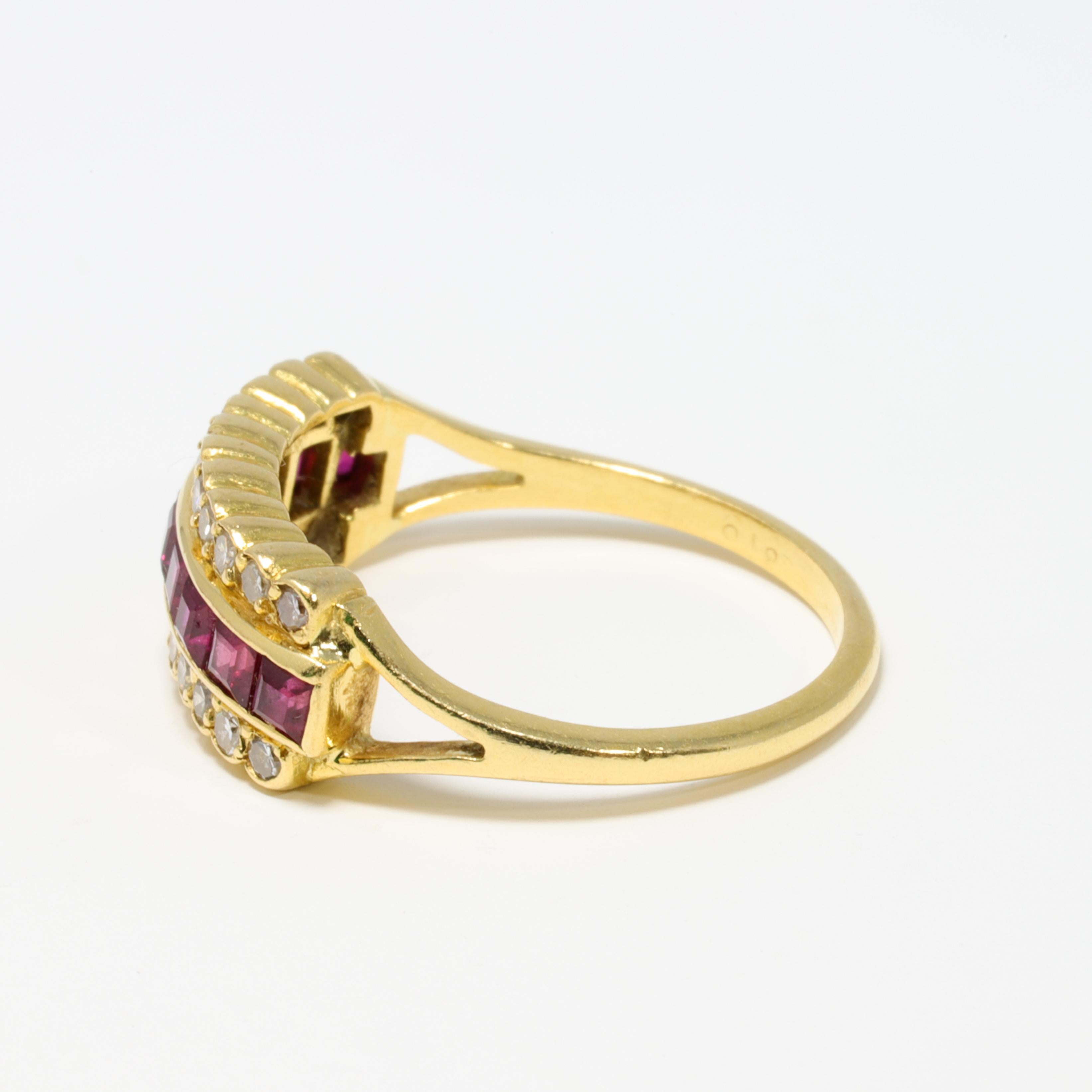 Women's 14 Karat Yellow Gold Square Cut .45 Carat Ruby and Round Diamond Fashion Ring For Sale