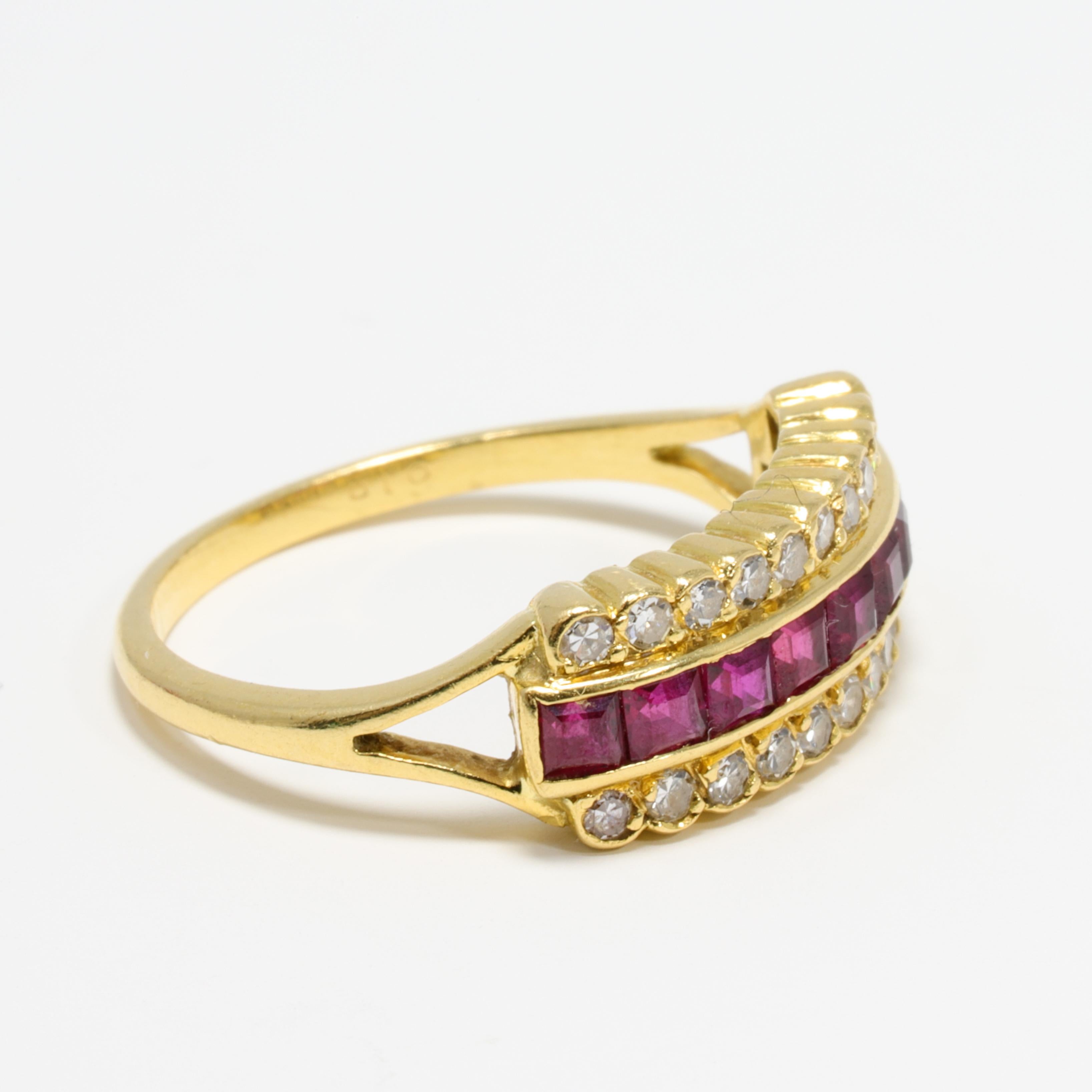 14 Karat Yellow Gold Square Cut .45 Carat Ruby and Round Diamond Fashion Ring For Sale 1