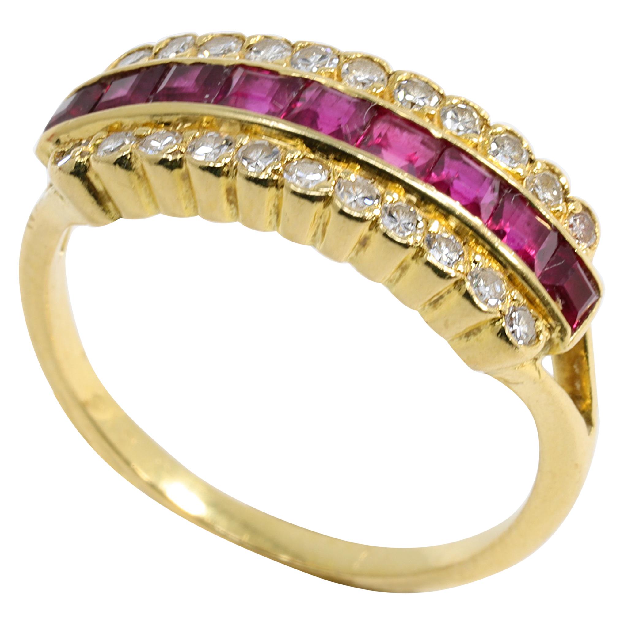 14 Karat Yellow Gold Square Cut .45 Carat Ruby and Round Diamond Fashion Ring For Sale