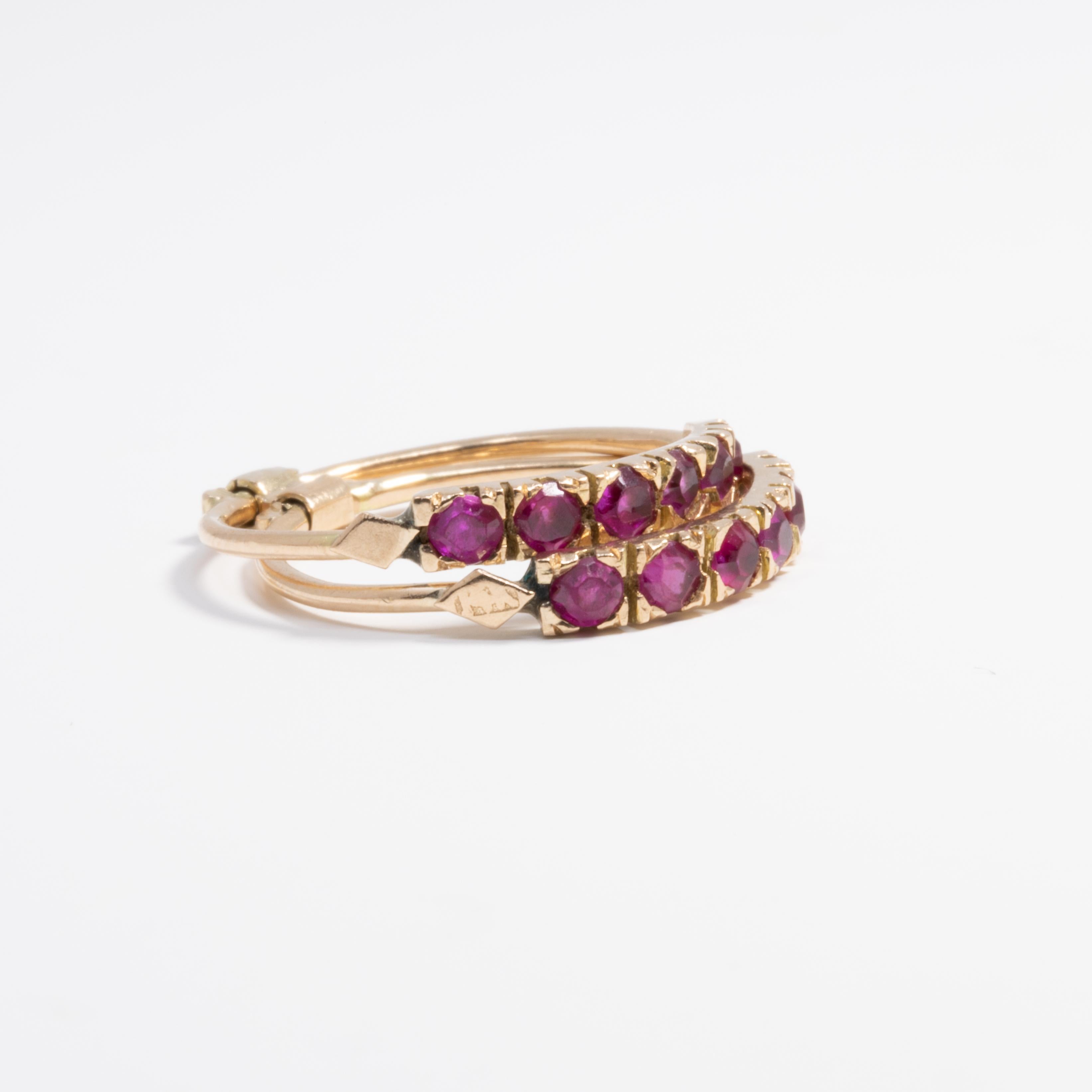 Round Cut 14 Karat Yellow Gold Square Cut .6 Carat Ruby and Double Band Fashion Ring For Sale
