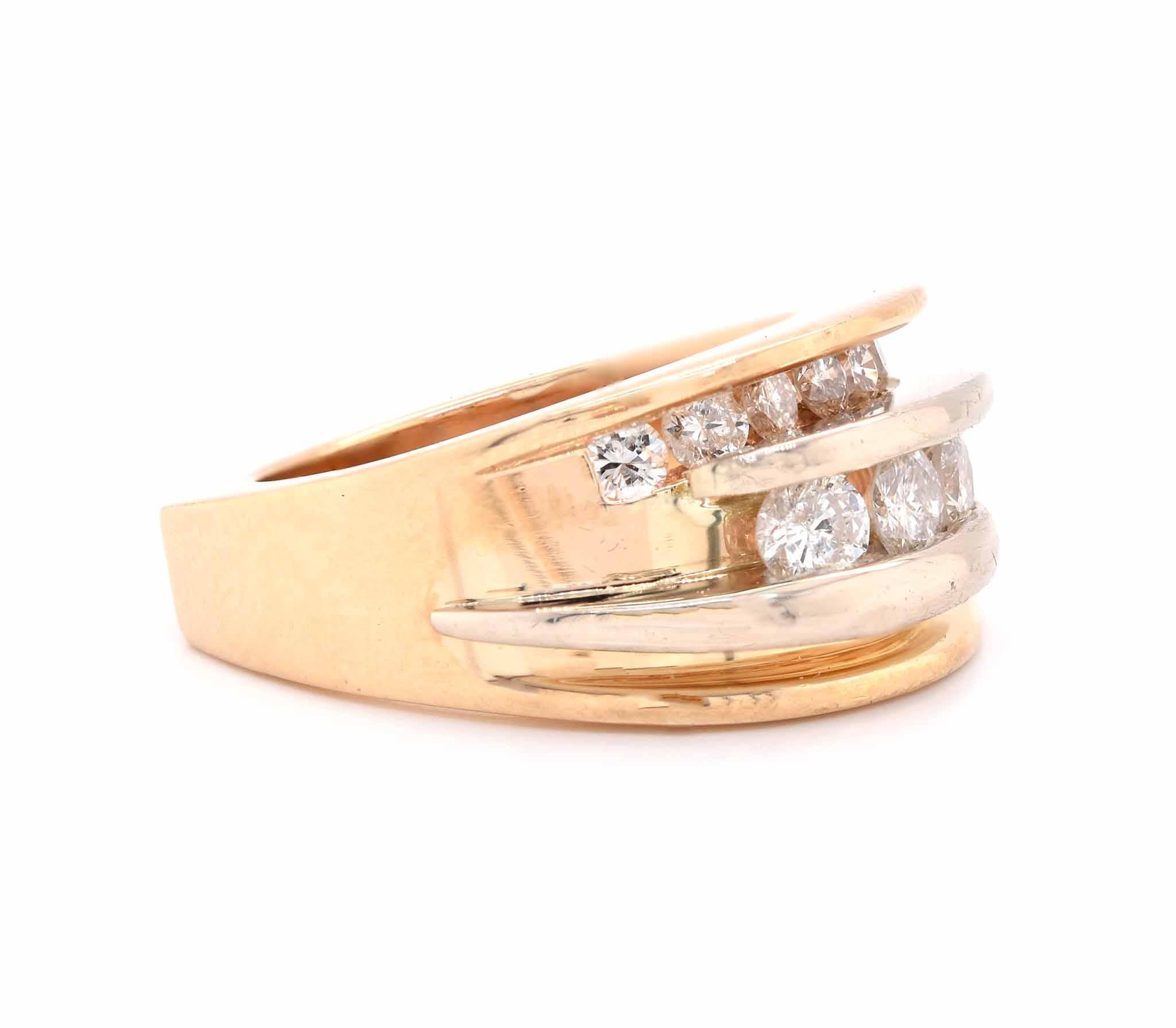 Round Cut 14 Karat Yellow Gold Stacked Bypass Diamond Ring For Sale