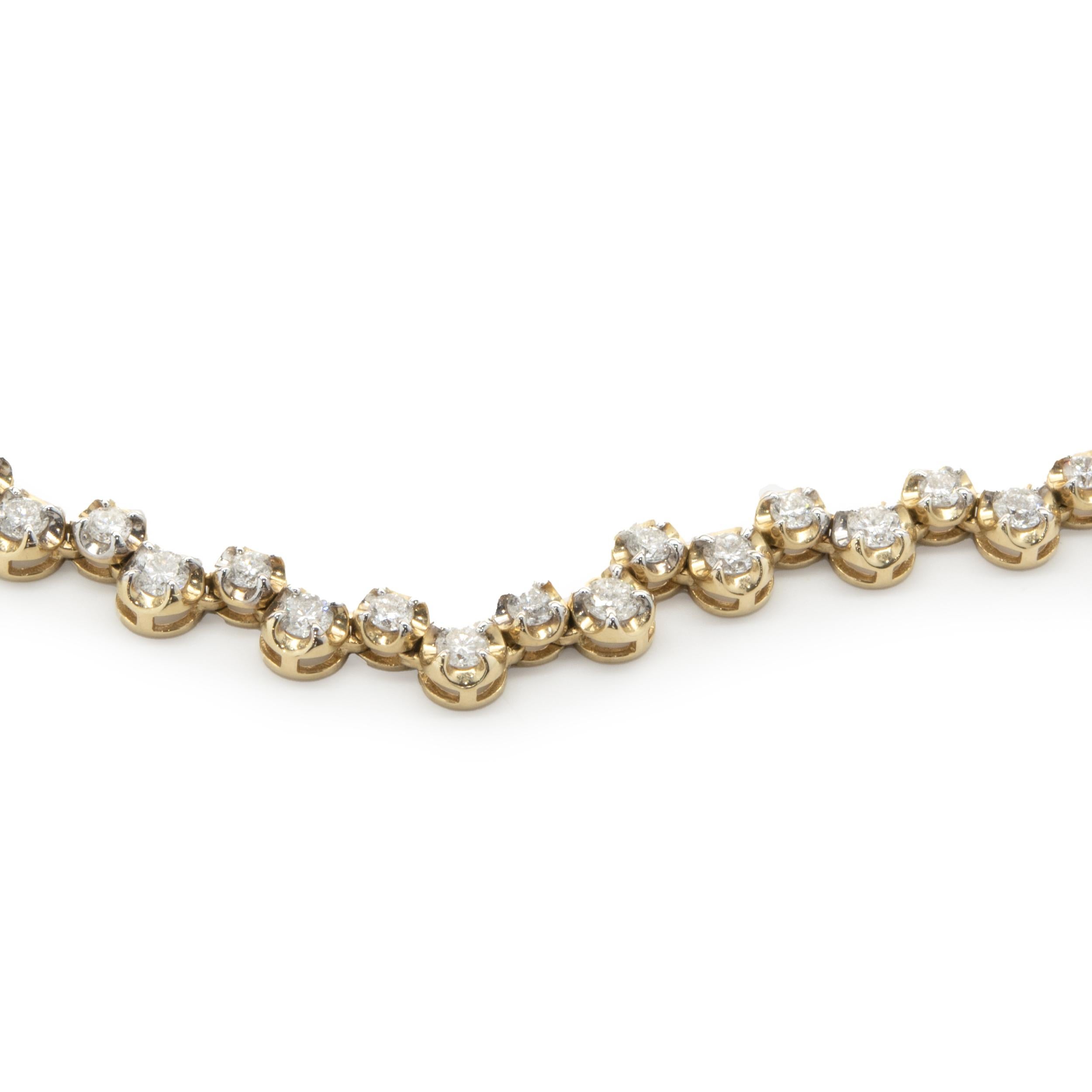 Round Cut 14 Karat Yellow Gold Staggered Bezel Set Diamond Inline Necklace For Sale