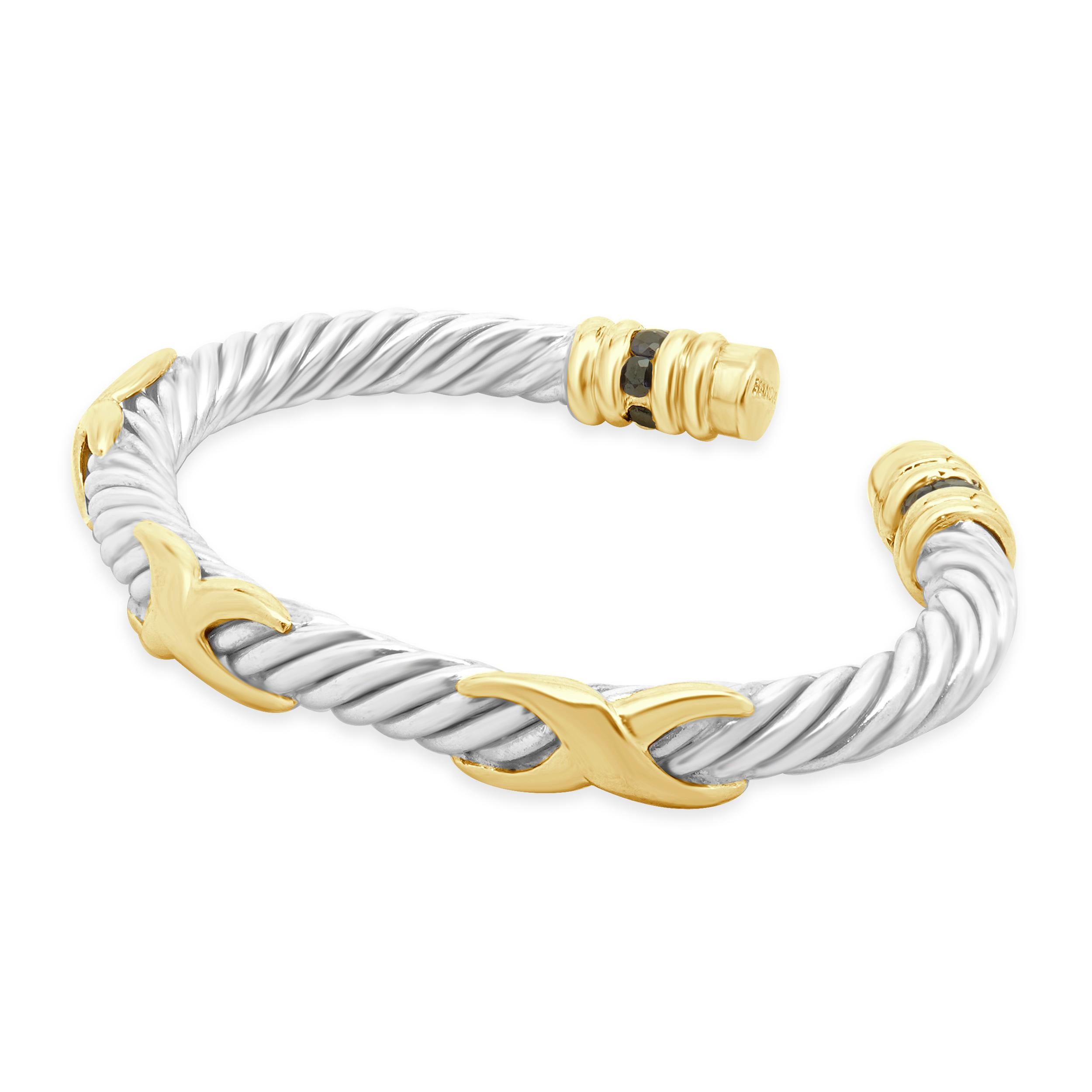 Concepteur : personnalisé
Matière : Or jaune 14K / acier inoxydable
Saphir : taille ronde = 1.56cttw
Dimensions : le bracelet s'adapte à un poignet d'environ 6,75 pouces.
Poids : 52,40 grammes

