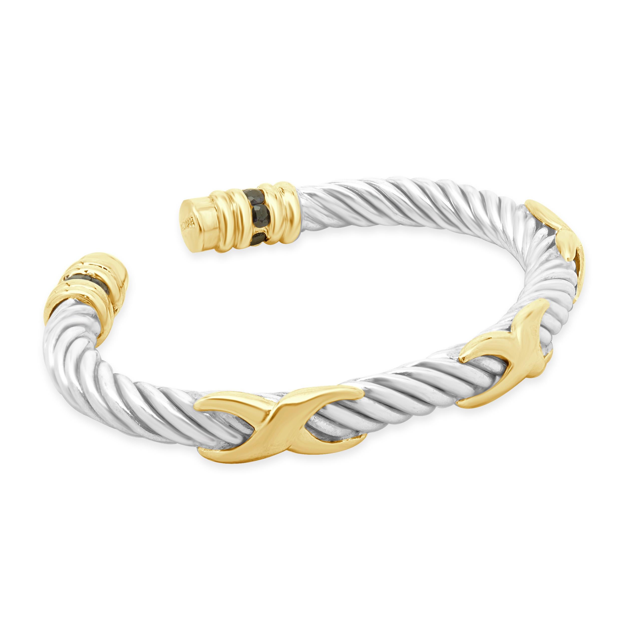 Bracelet manchette en or jaune 14 carats et acier inoxydable avec triple baiser et câble en X Excellent état - En vente à Scottsdale, AZ