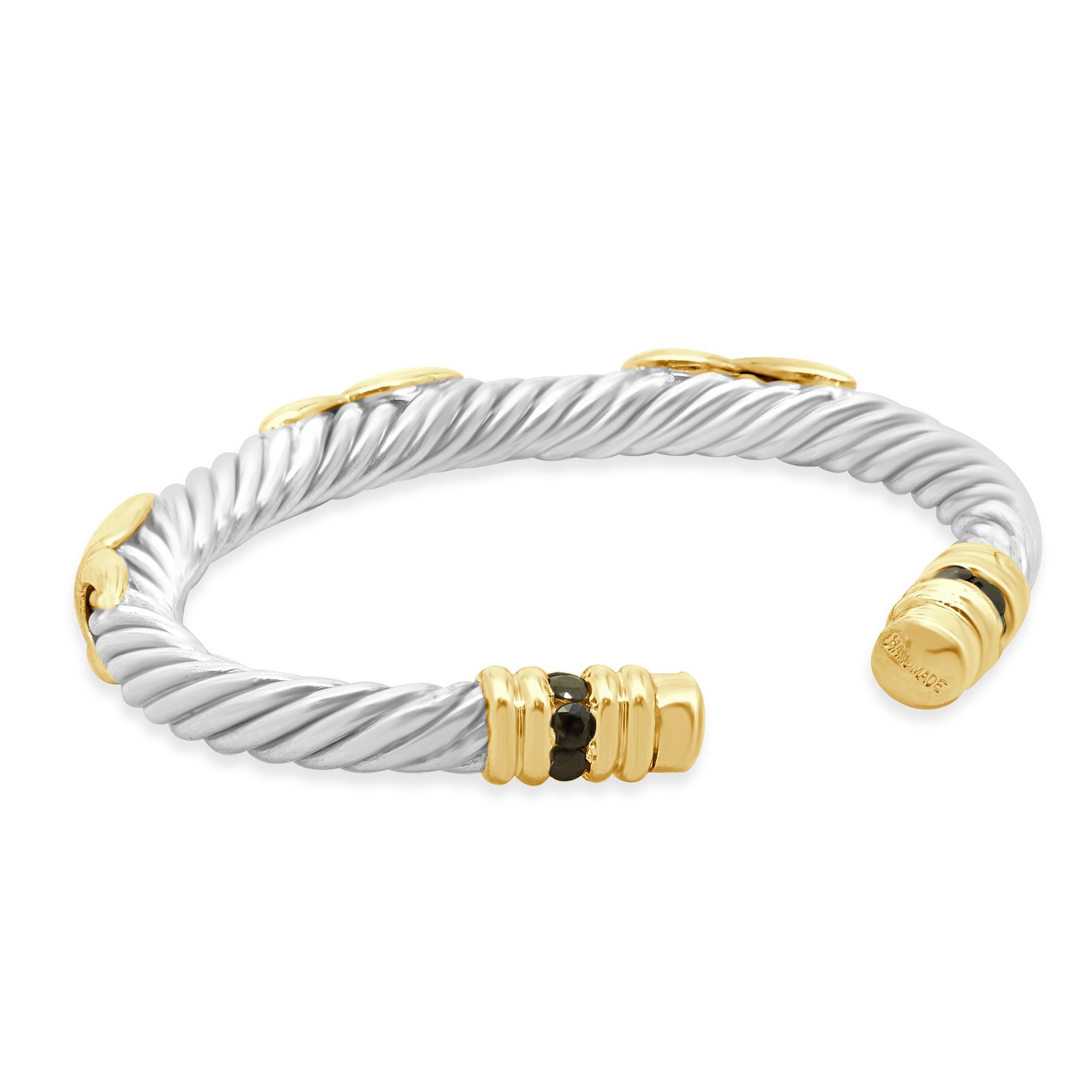 Bracelet manchette en or jaune 14 carats et acier inoxydable avec triple baiser et câble en X Unisexe en vente