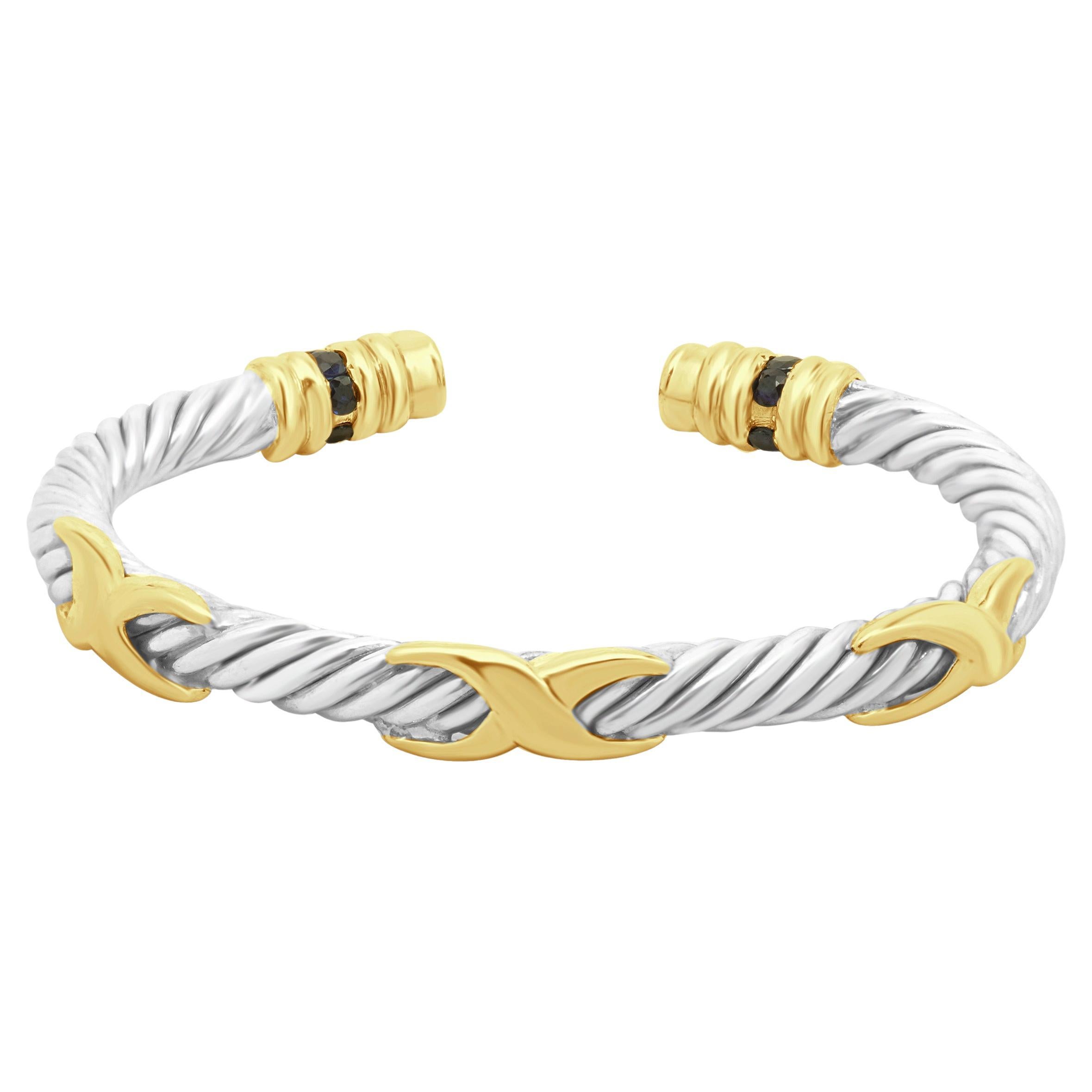 Bracelet manchette en or jaune 14 carats et acier inoxydable avec triple baiser et câble en X