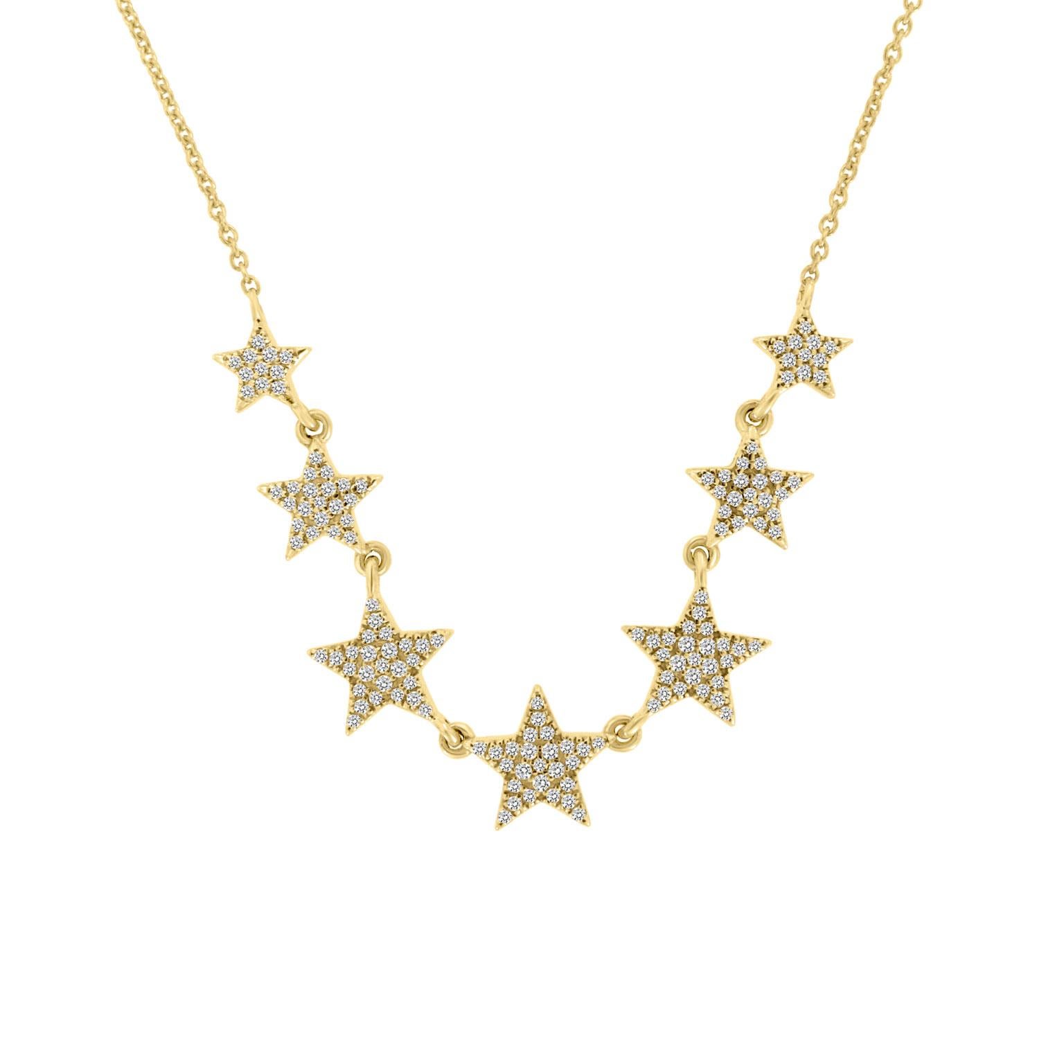 This elegant necklace features 7 diamond stars Micro Prong-set linked to each other via delicate loops. Experience The Difference in Person!

Product details: 

Center Gemstone Type: NATURAL DIAMOND
Center Gemstone Shape: ROUND
Metal: 14K Yellow