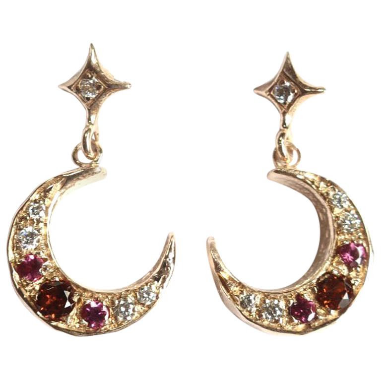 14 Karat Yellow Gold Star Garnet and Diamond Crescent Moon Earrings
