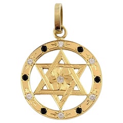 Vintage 14 Karat Yellow Gold Star of David Pendant w/ Faceted Blue & Clear Stones #18211
