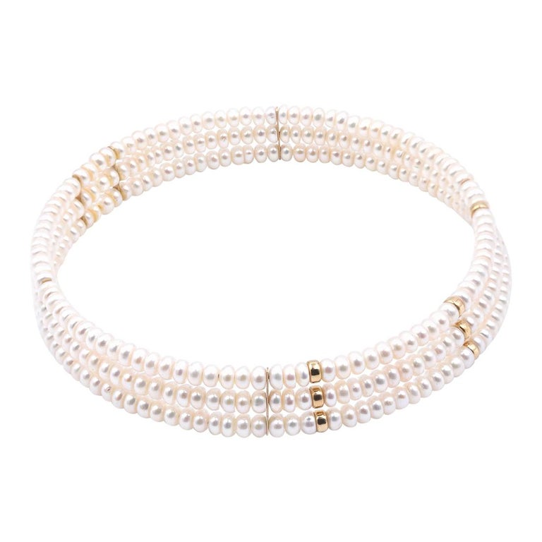 14 Karat Yellow Gold Station Pearl Necklace For Sale at 1stDibs