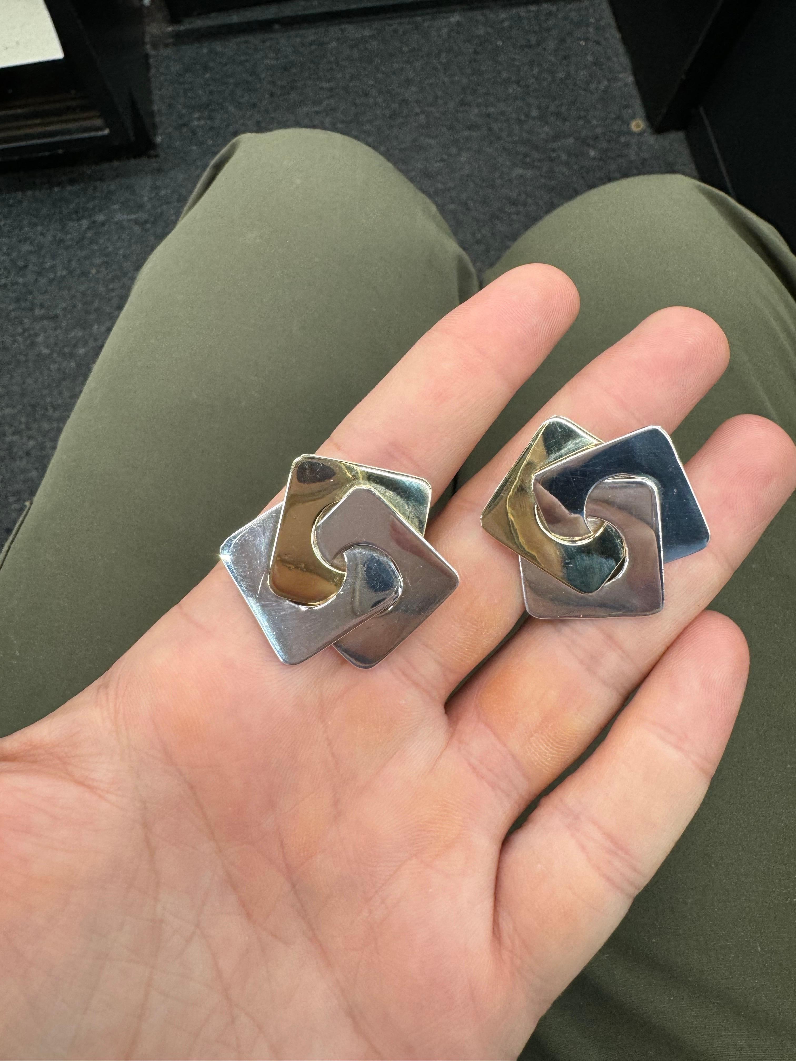Contemporary 14 Karat Yellow Gold Sterling Silver Geometric Clip-On Earrings 17.1 Grams For Sale