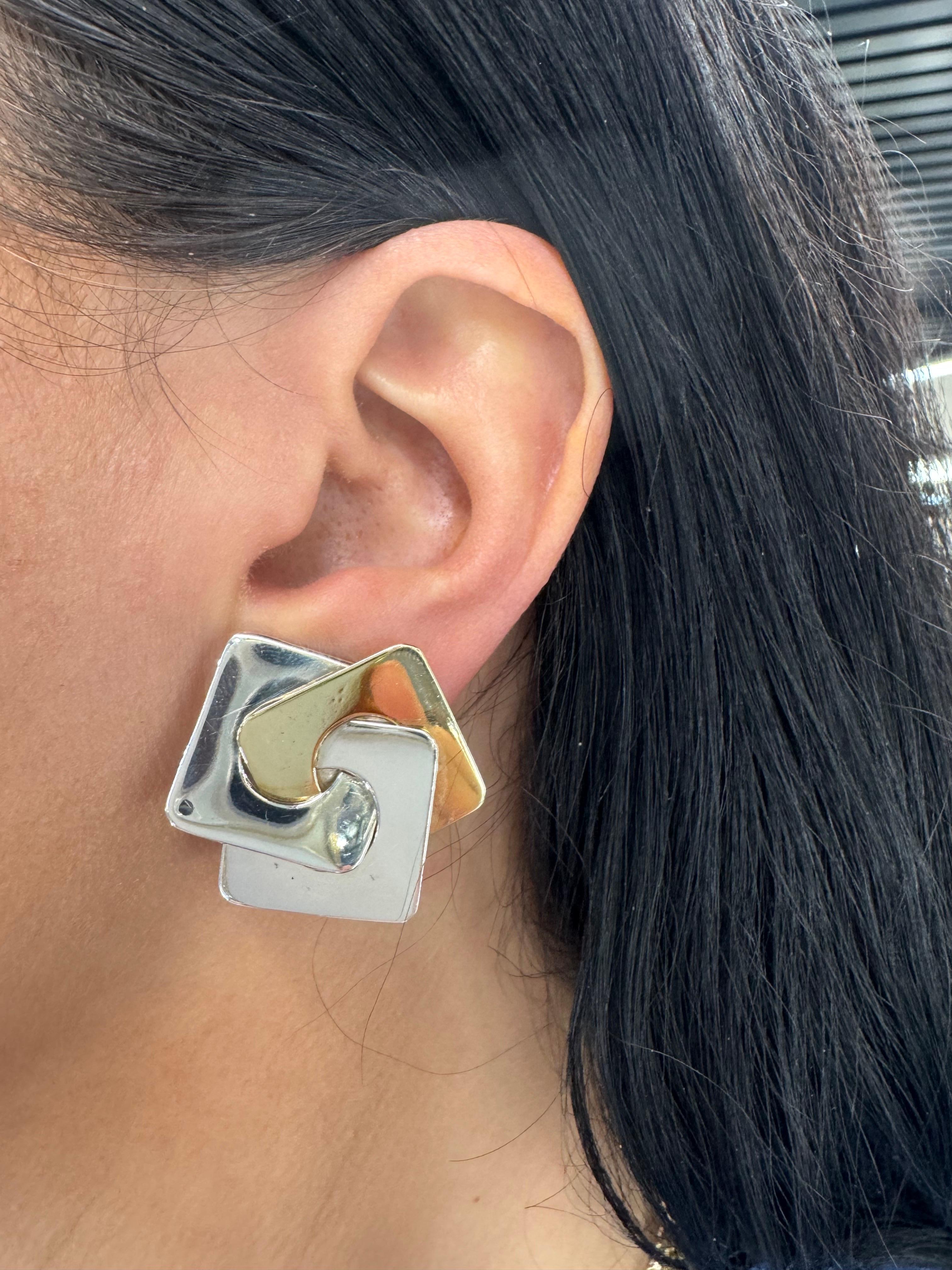 Women's 14 Karat Yellow Gold Sterling Silver Geometric Clip-On Earrings 17.1 Grams For Sale