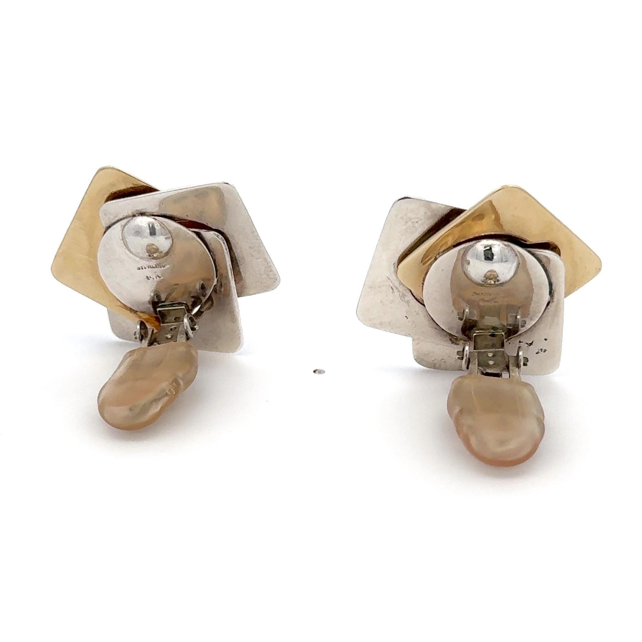 14 Karat Yellow Gold Sterling Silver Geometric Clip-On Earrings 17.1 Grams For Sale 3