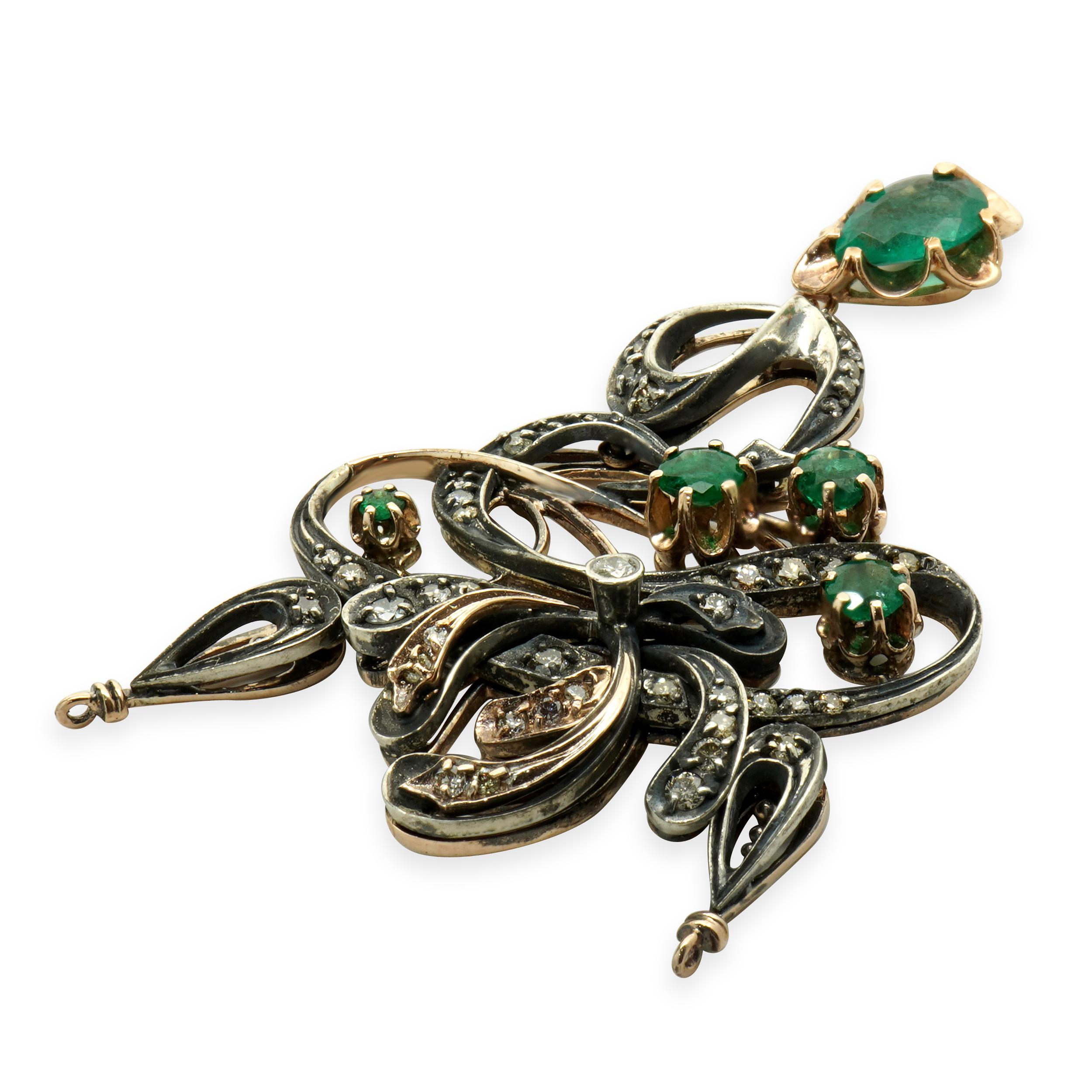 Pear Cut 14k YG & Sterling Silver Vintage Art Nouveau Diamond and Emerald Pendant For Sale