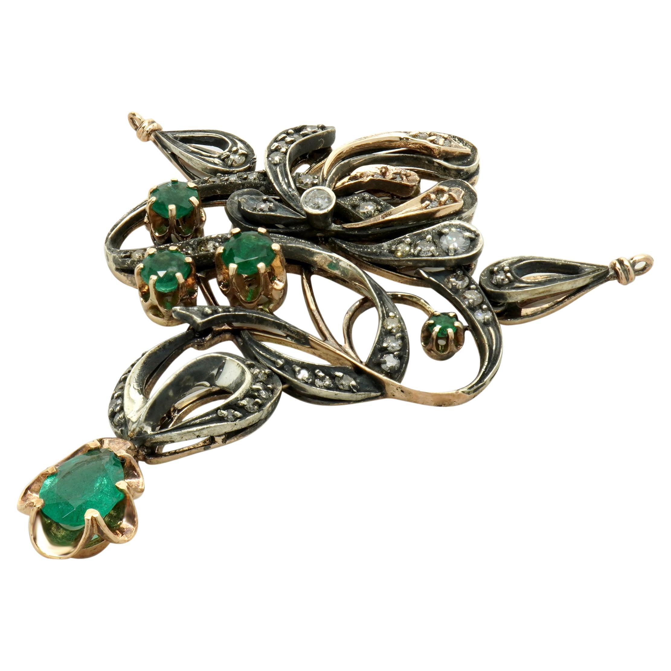 14k YG & Sterling Silver Vintage Art Nouveau Diamond and Emerald Pendant For Sale