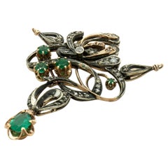 14k YG & Sterling Silver Vintage Art Nouveau Diamond and Emerald Pendant