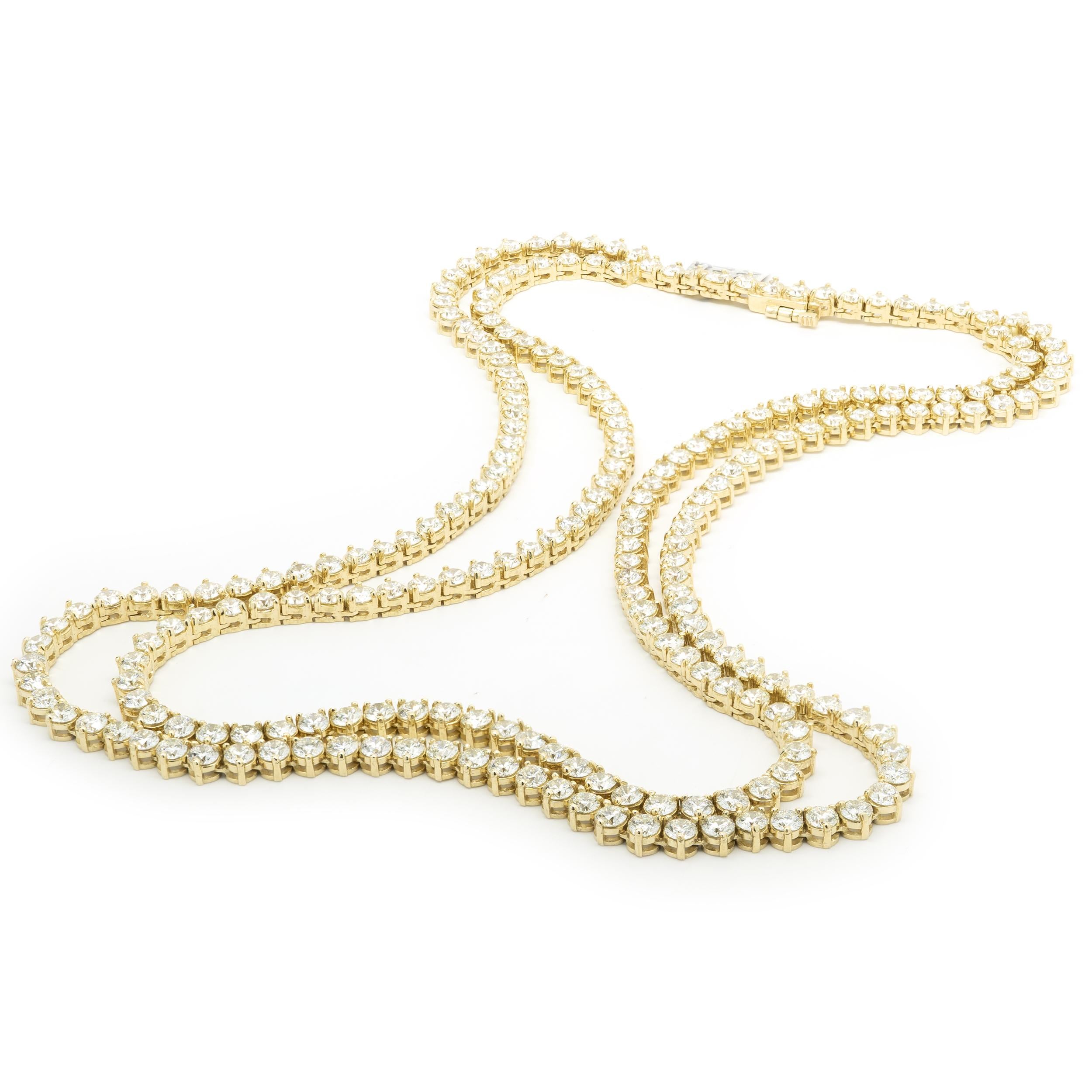 Designer: custom design
Material: 14K yellow gold
Diamonds: 227 round brilliant cut = 42.79cttw
Color: G/H
Clarity: VS1-2
Dimensions: necklace measures 20-inches in length 
Weight: 66.85 grams
