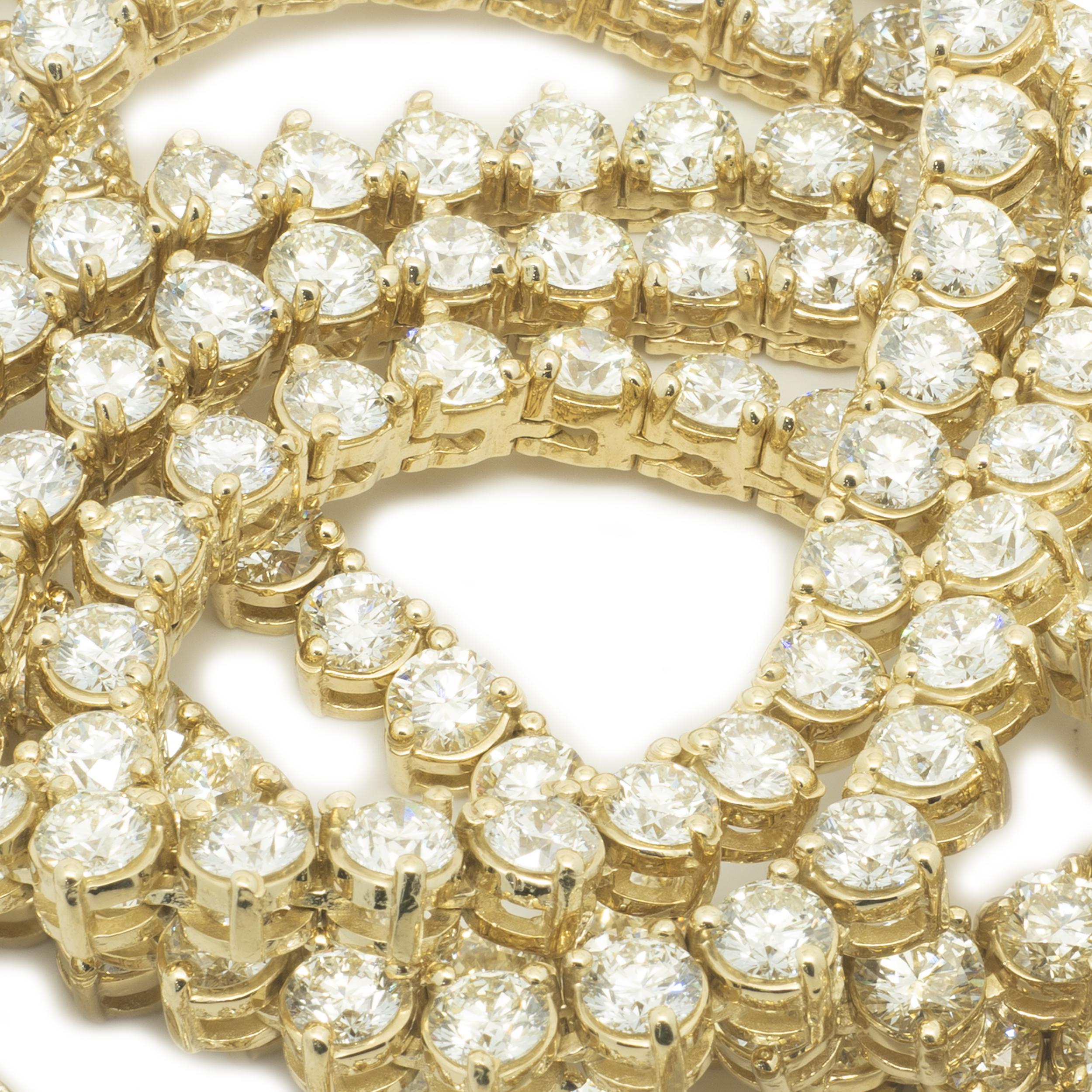 14 Karat Yellow Gold Strand Row Diamond Tennis Necklace In Excellent Condition In Scottsdale, AZ