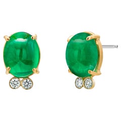 14 Karat Yellow Gold Stud Earrings Matched Oval Cabochon Emeralds Bezel Diamonds
