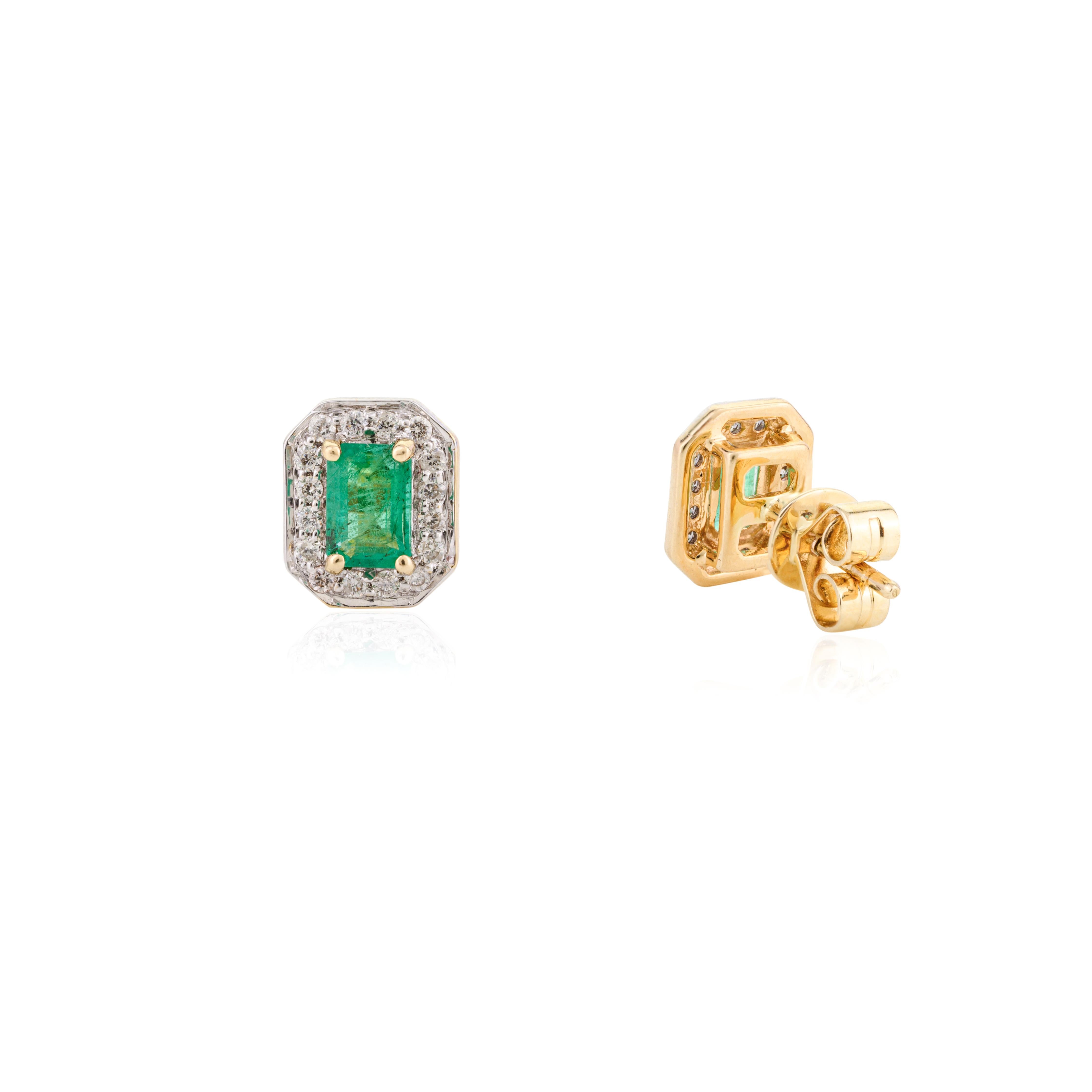 Art Deco 14 Karat Yellow Gold Octagon Emerald Diamond Halo Everyday Stud Earrings For Sale