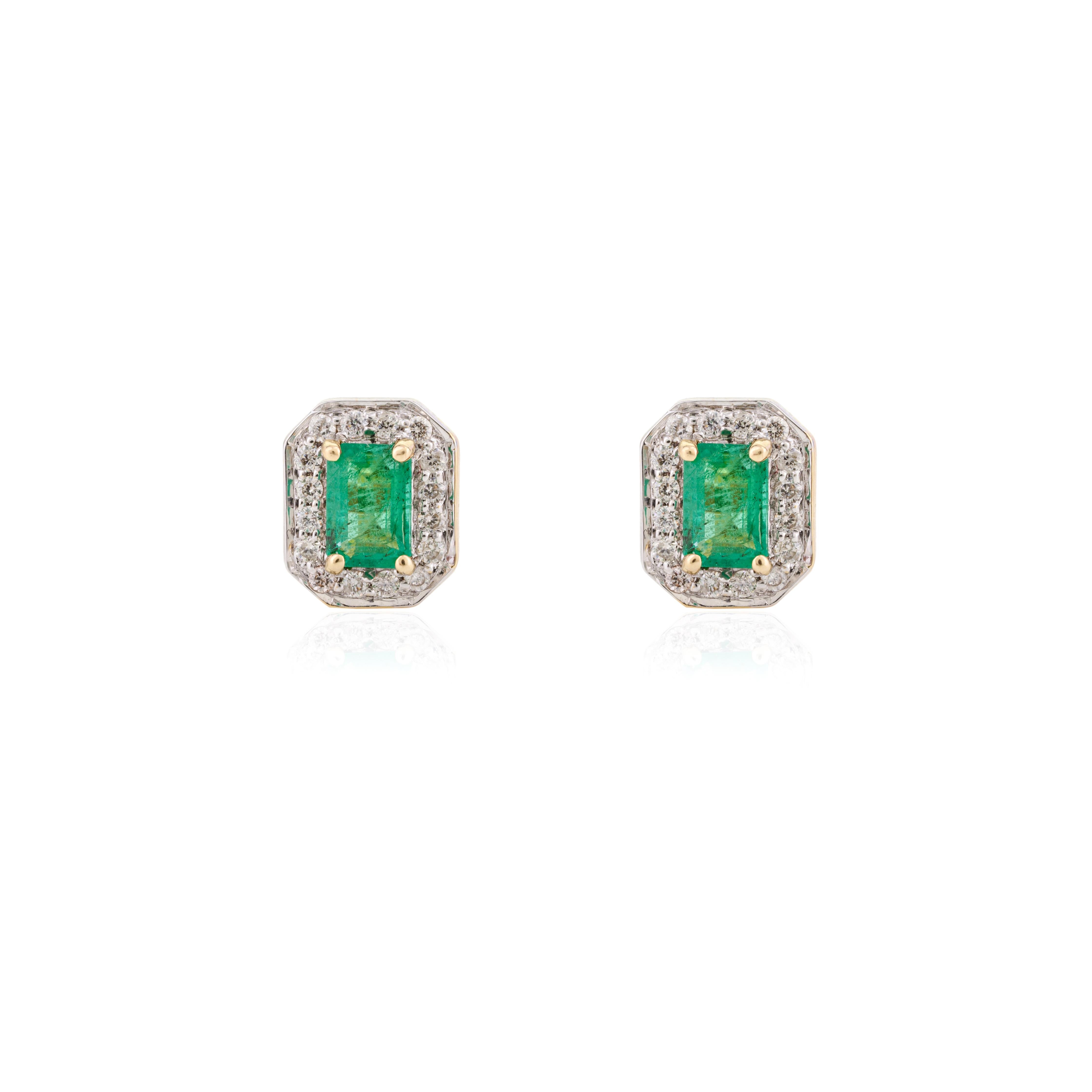 Octagon Cut 14 Karat Yellow Gold Octagon Emerald Diamond Halo Everyday Stud Earrings For Sale
