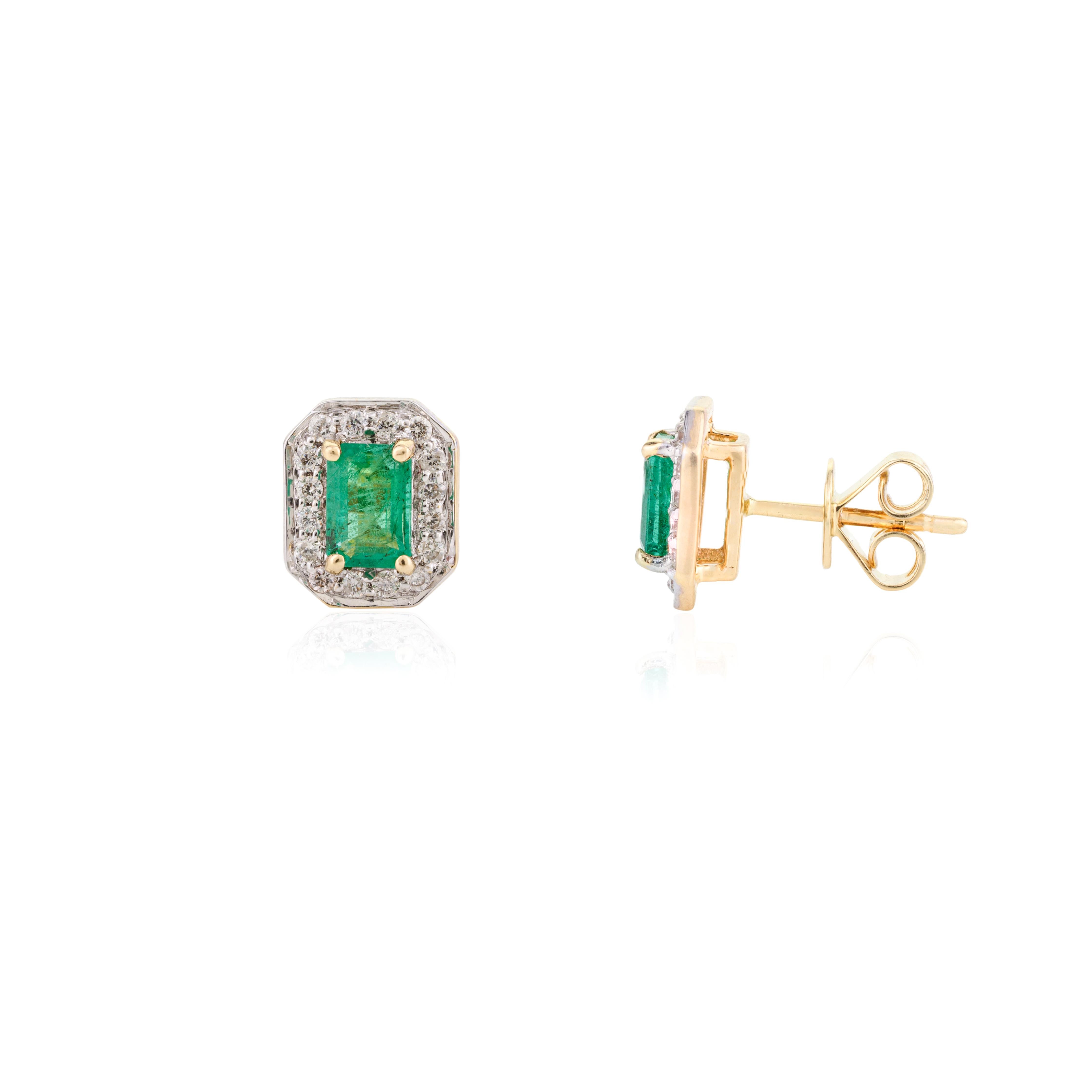 14 Karat Yellow Gold Octagon Emerald Diamond Halo Everyday Stud Earrings In New Condition For Sale In Houston, TX