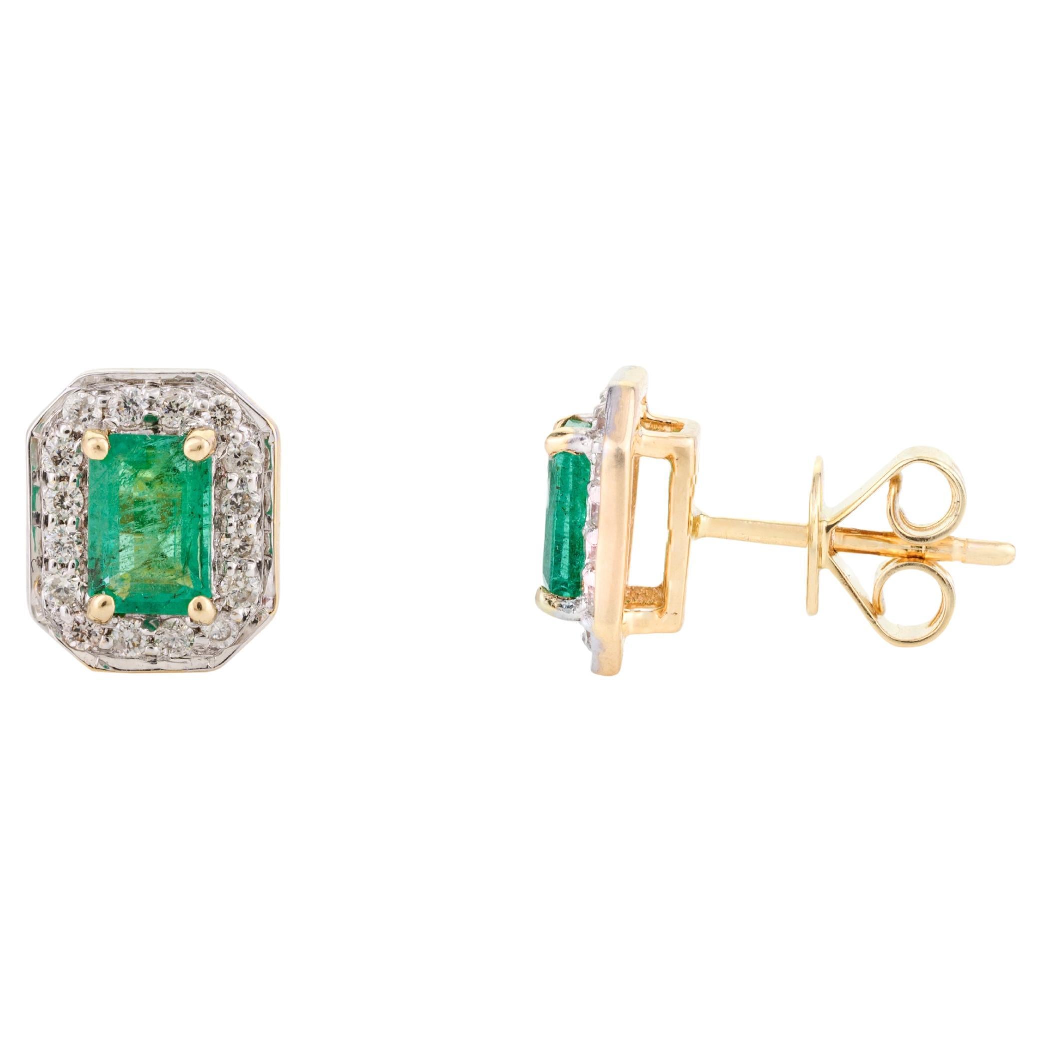 14 Karat Yellow Gold Octagon Emerald Diamond Halo Everyday Stud Earrings For Sale