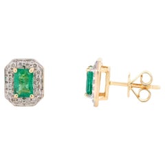 14 Karat Yellow Gold Octagon Emerald Diamond Halo Everyday Stud Earrings