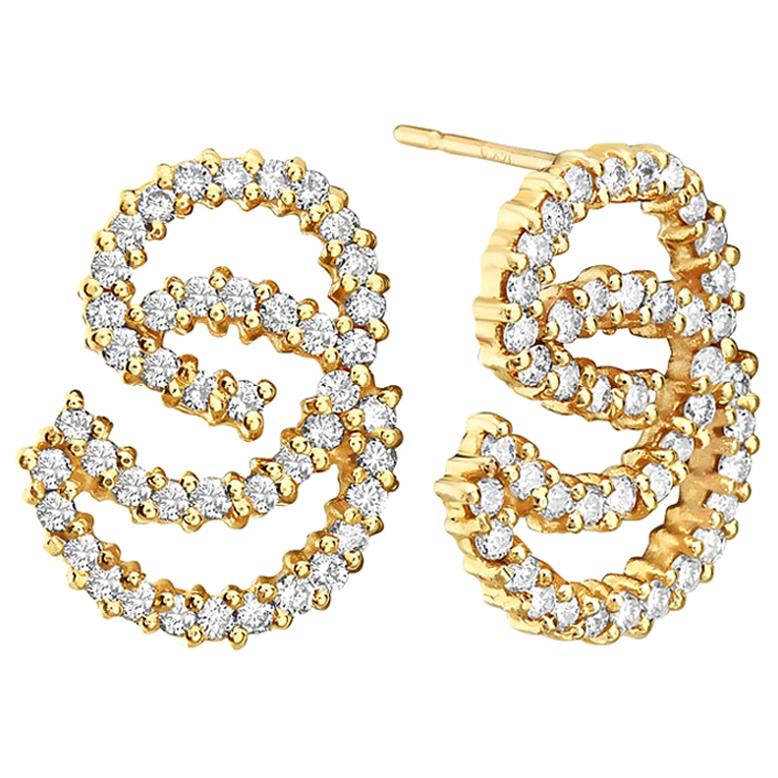 14 Karat Yellow Gold Swirl Diamond Earrings For Sale