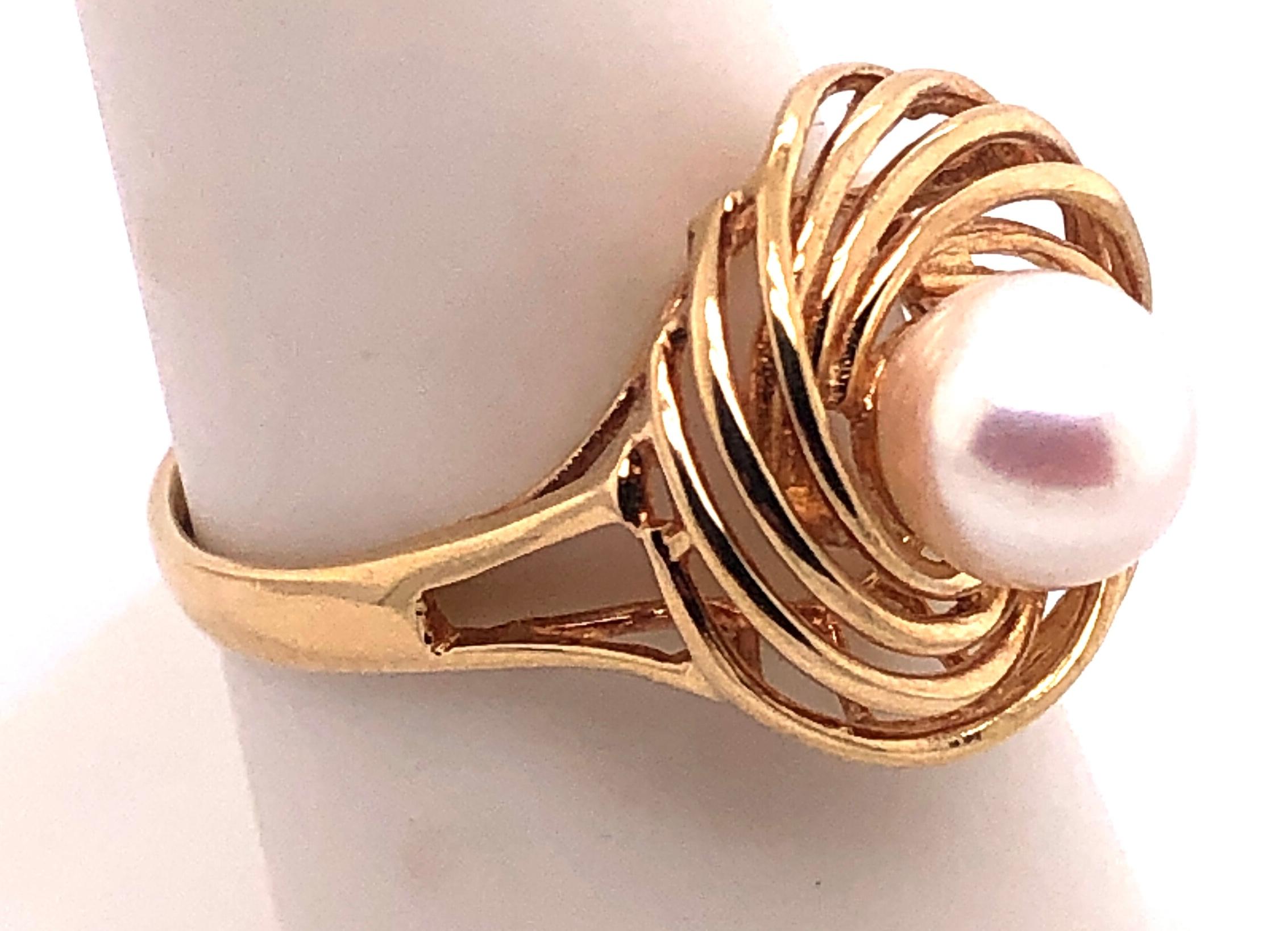 Round Cut 14 Karat Yellow Gold Swirl Pearl Ring For Sale