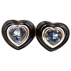 14 Karat Yellow Gold Swiss Blue Topaz and Black Onyx Heart Earrings