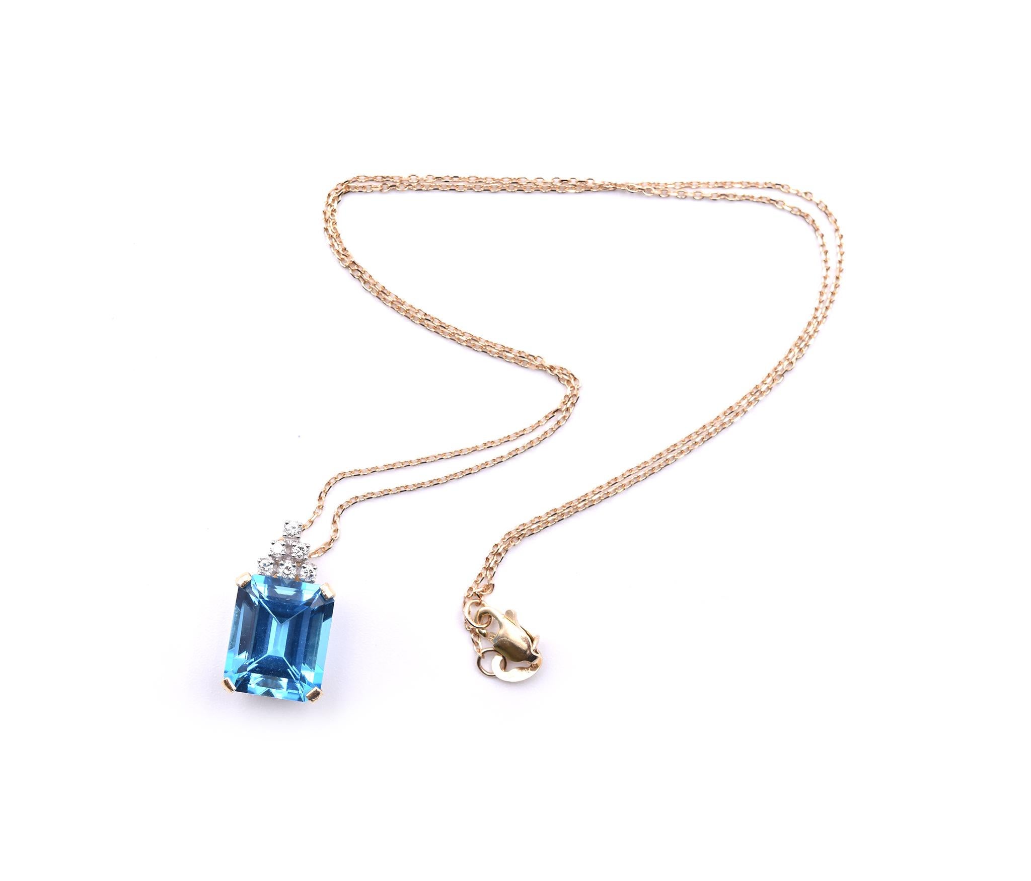 14 Karat Yellow Gold Swiss Blue Topaz and Diamond Pendant In Excellent Condition In Scottsdale, AZ