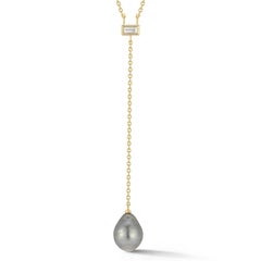 14 karat Yellow Gold Tahitian Pearl & 0.19 Carat Diamond Y Necklace