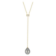 14 karat Yellow Gold Tahitian Pearl & 0.19 Carat Diamond Y Necklace