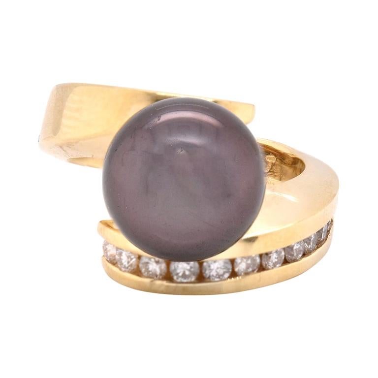 14 Karat Yellow Gold Tahitian Pearl and Diamond Bypass Ring For Sale