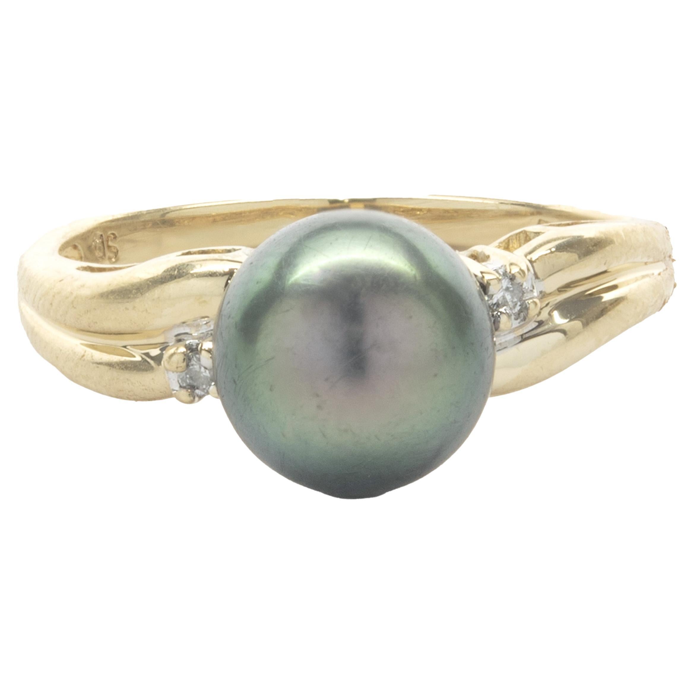 14 Karat Yellow Gold Tahitian Pearl and Diamond Ring For Sale