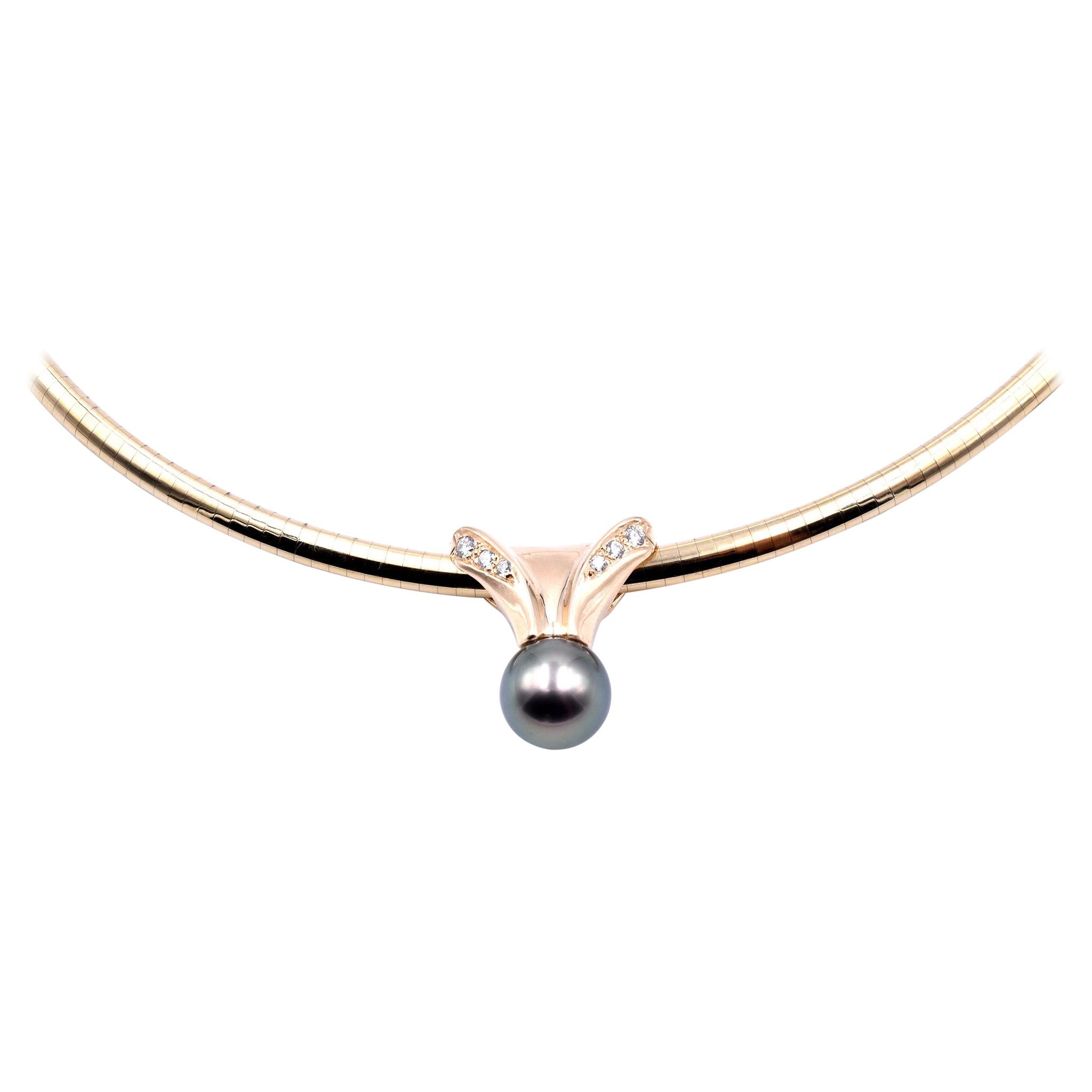 14 Karat Yellow Gold Tahitian Pearl and Diamond Slide Pendant Necklace