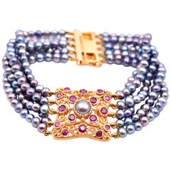 14 Karat Yellow Gold Tahitian Pearl and Ruby Bracelet