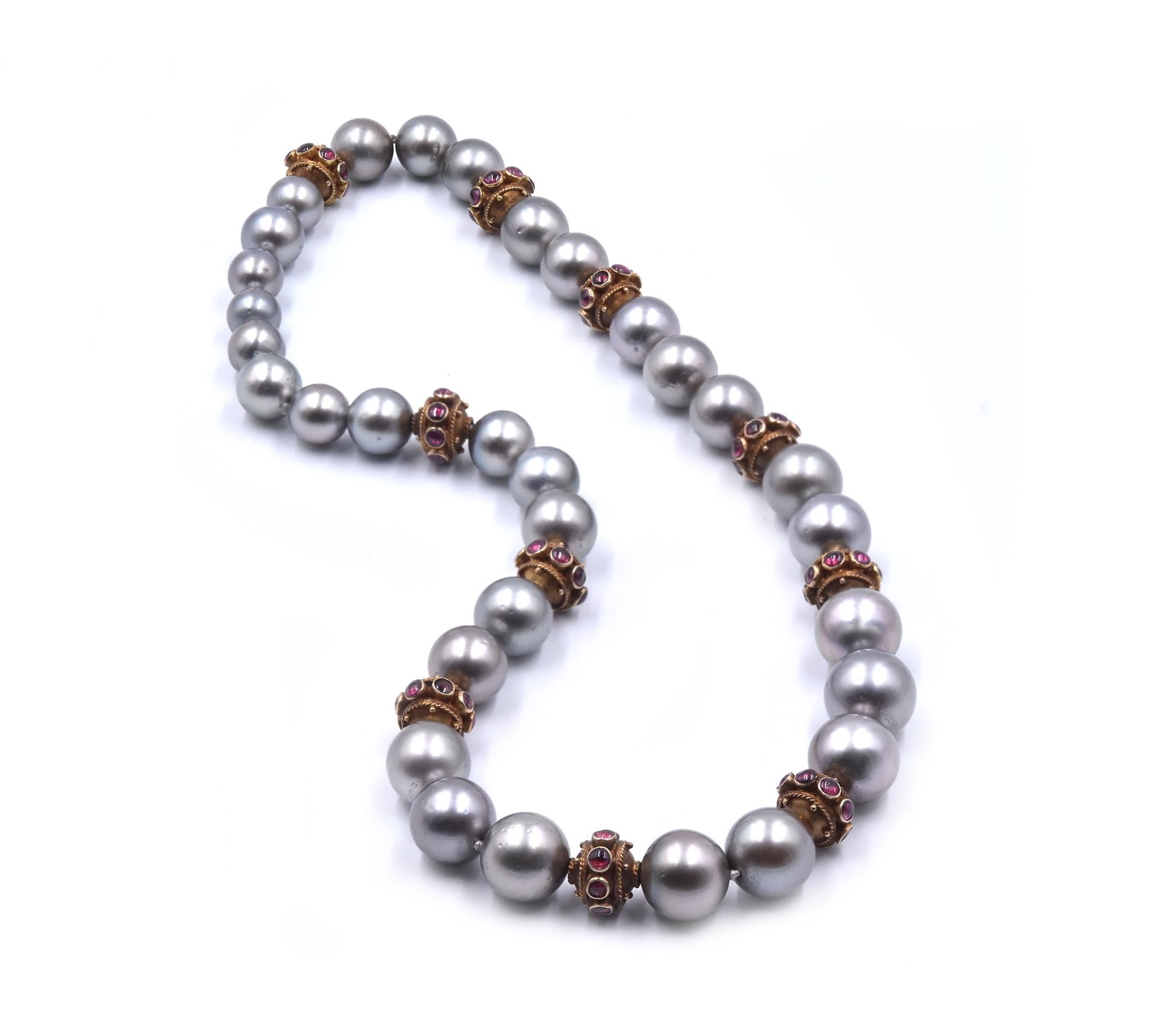 Designer: Custom
Material: 14K yellow gold
Pearl: 9.5 - 11mm tahitan pearls
Dimensions: necklace measures 16-inches in length
Weight: 64.03 grams
