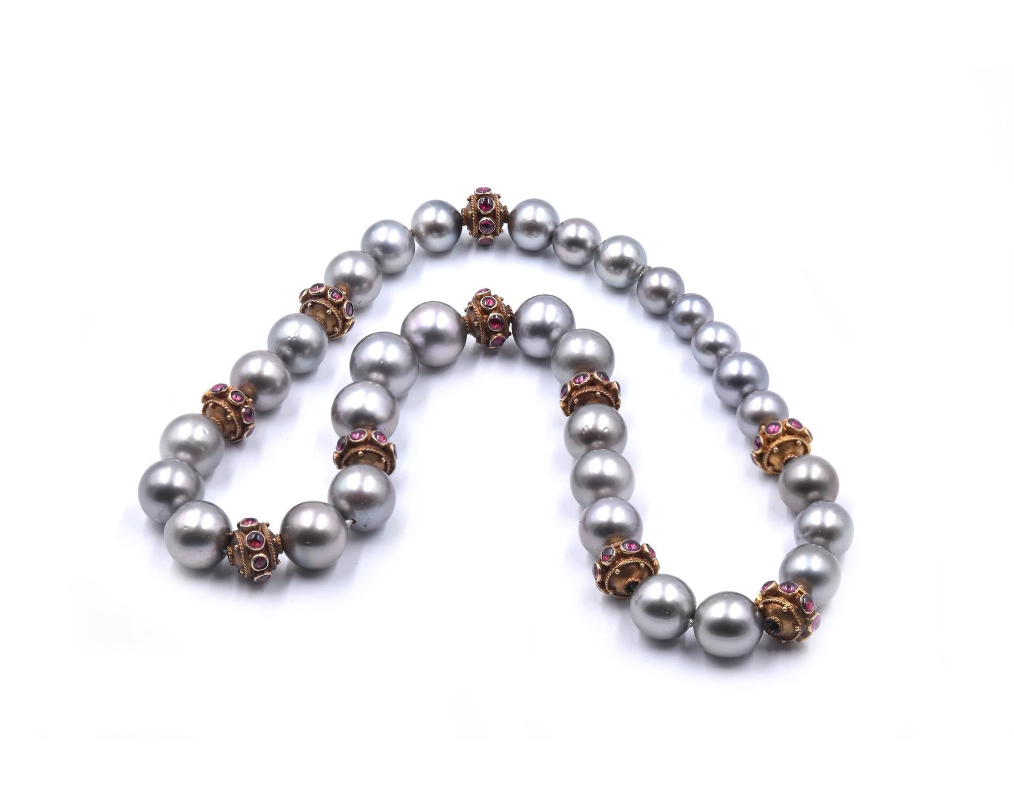 Rough Cut 14 Karat Yellow Gold Tahitian Pearl Necklace with Rhodalite Garnet Stations