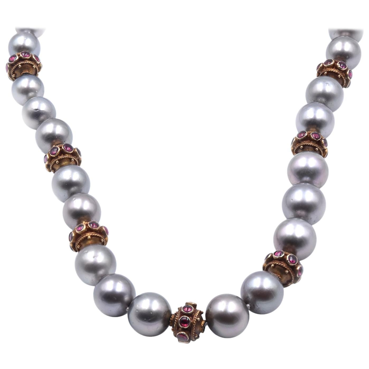 14 Karat Yellow Gold Tahitian Pearl Necklace with Rhodalite Garnet Stations