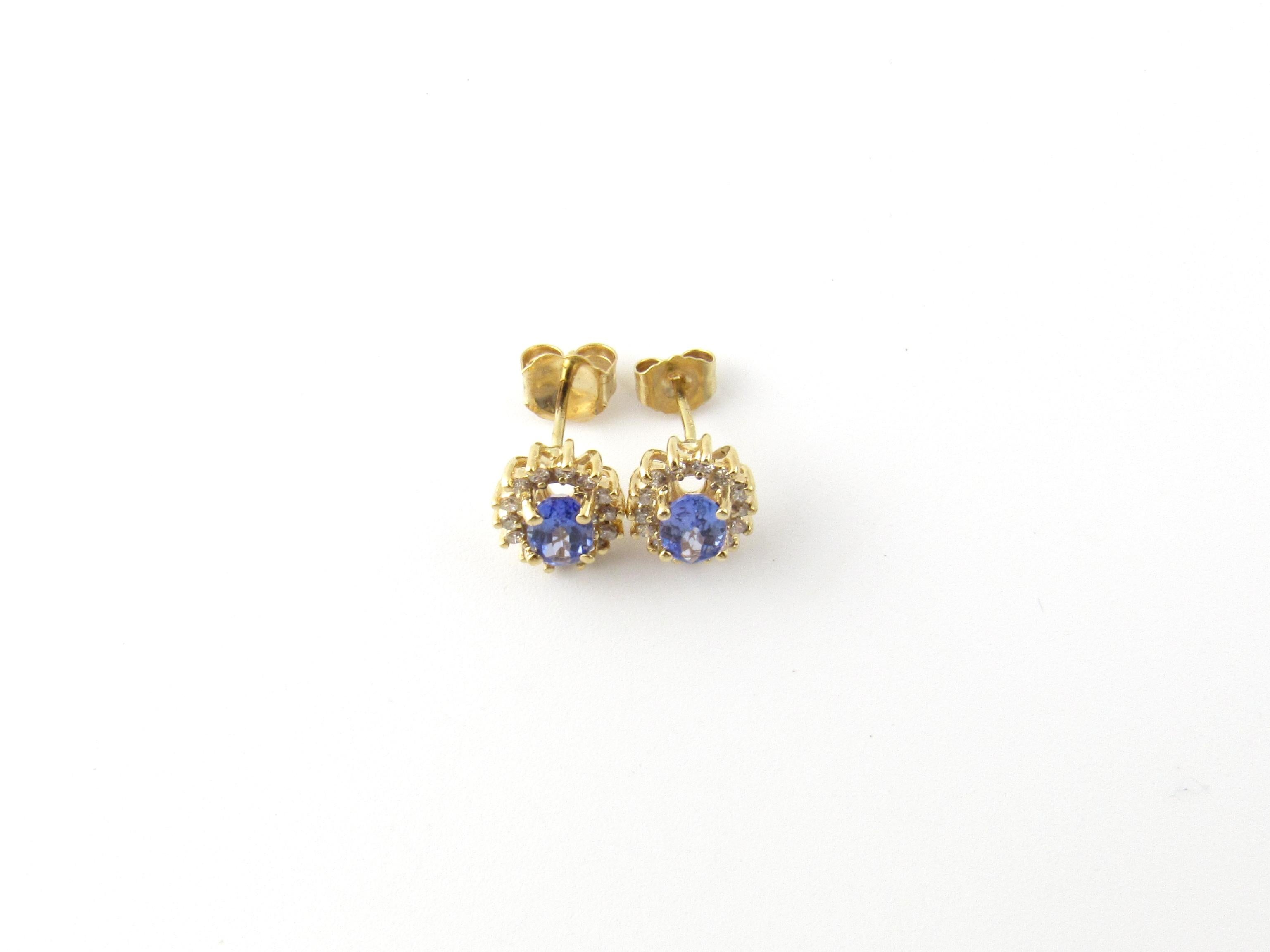 Round Cut 14 Karat Yellow Gold Tanzanite and Diamond Earrings For Sale