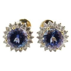 Vintage 14 Karat Yellow Gold Tanzanite and Diamond Earrings